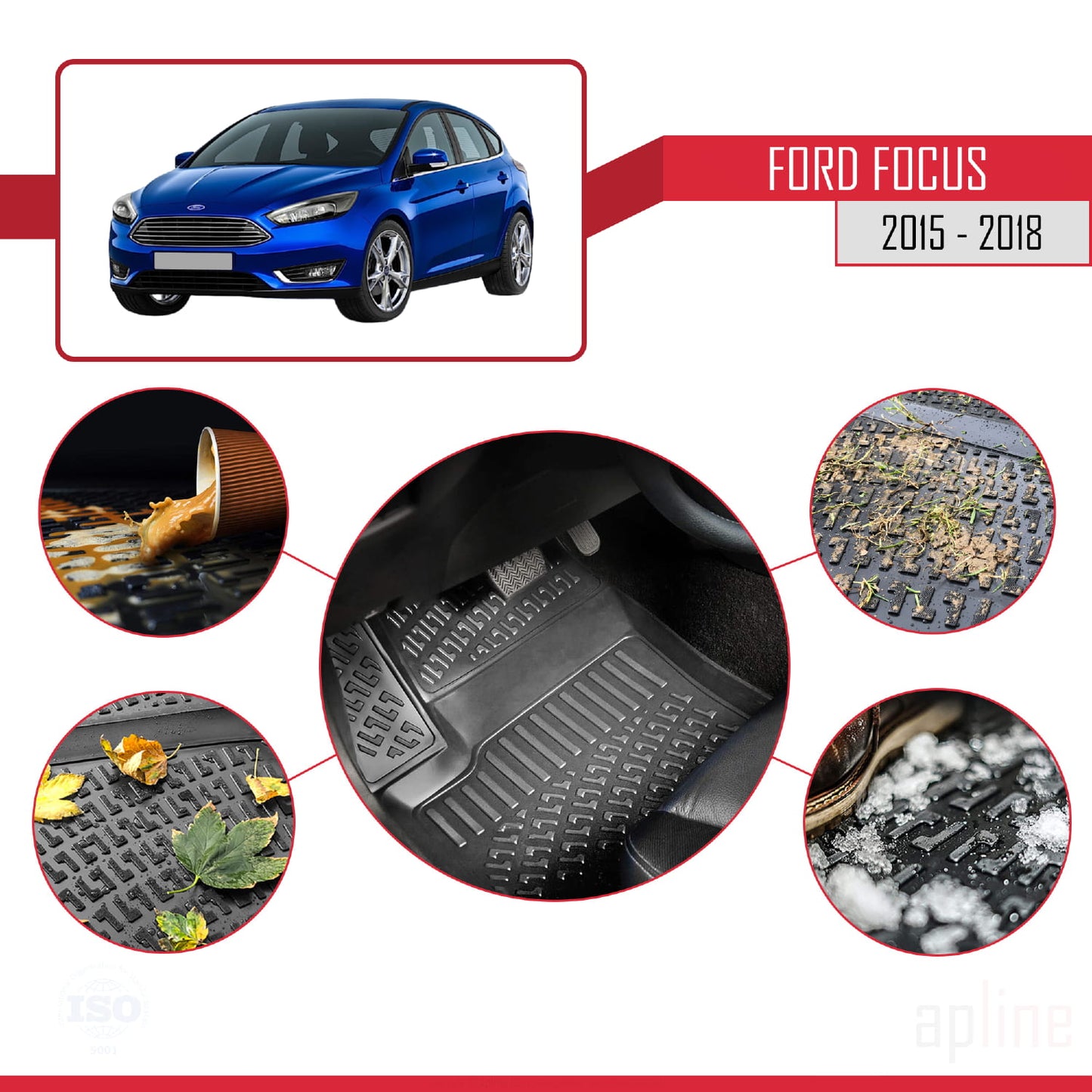 4D Rubbermatten Compatible met Ford Focus 3 (C346) Post-Facelift 2015-2018 Zwart