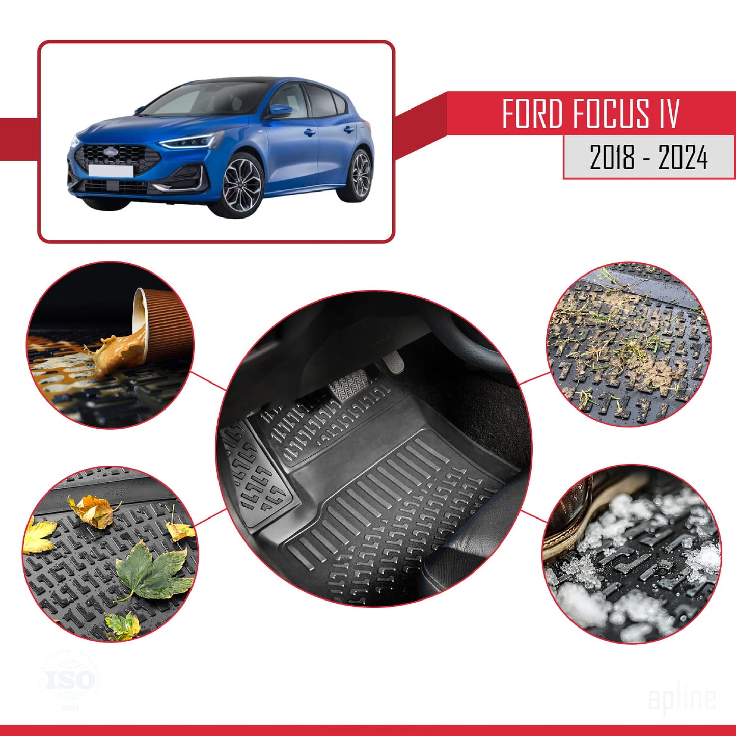 4D Rubbermatten Compatible met Ford Focus 4 (C519) 2018-2025 Zwart