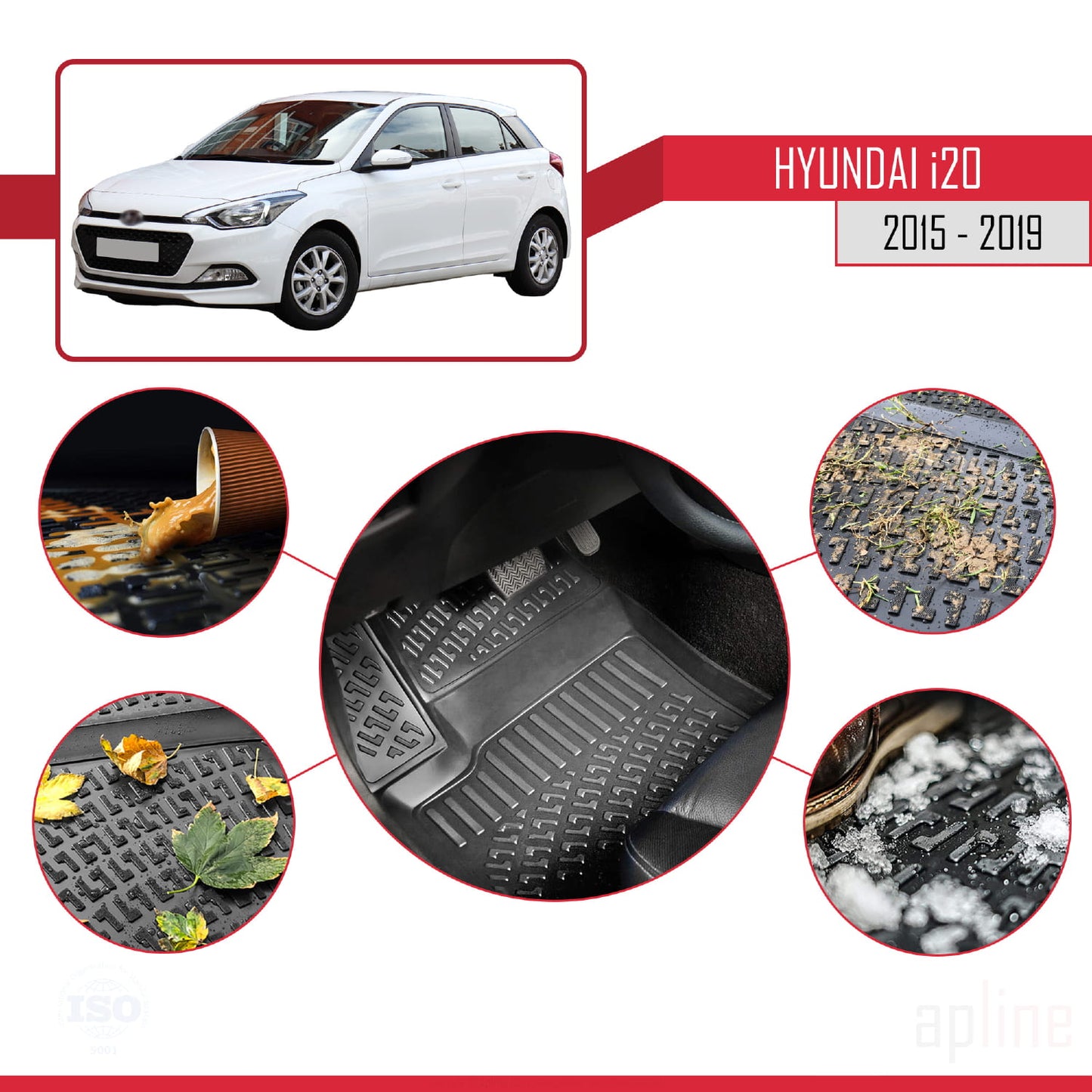 4D Rubbermatten Compatible met Hyundai i20 II (GB) 2015-2019 Zwart