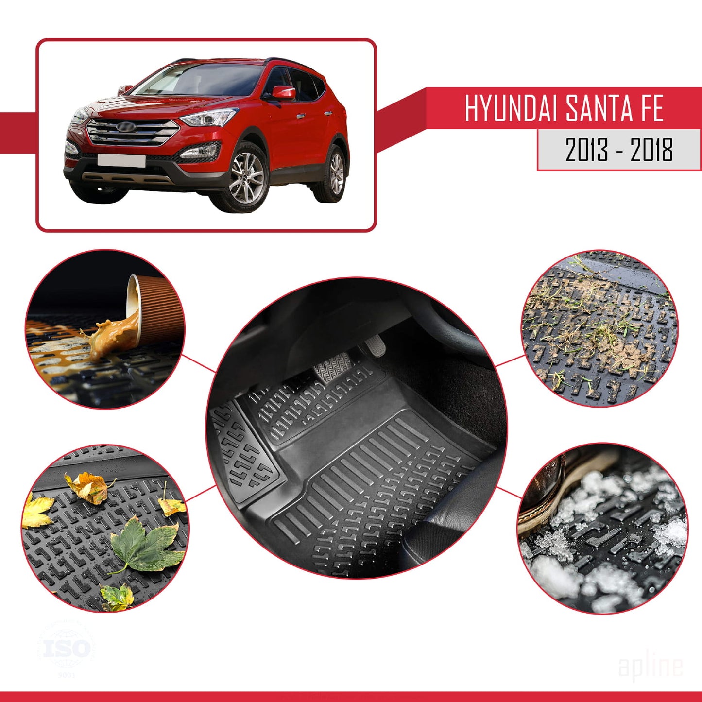 4D Rubbermatten Compatible met Hyundai Santa Fe 3 (DM) 2013-2018 Zwart