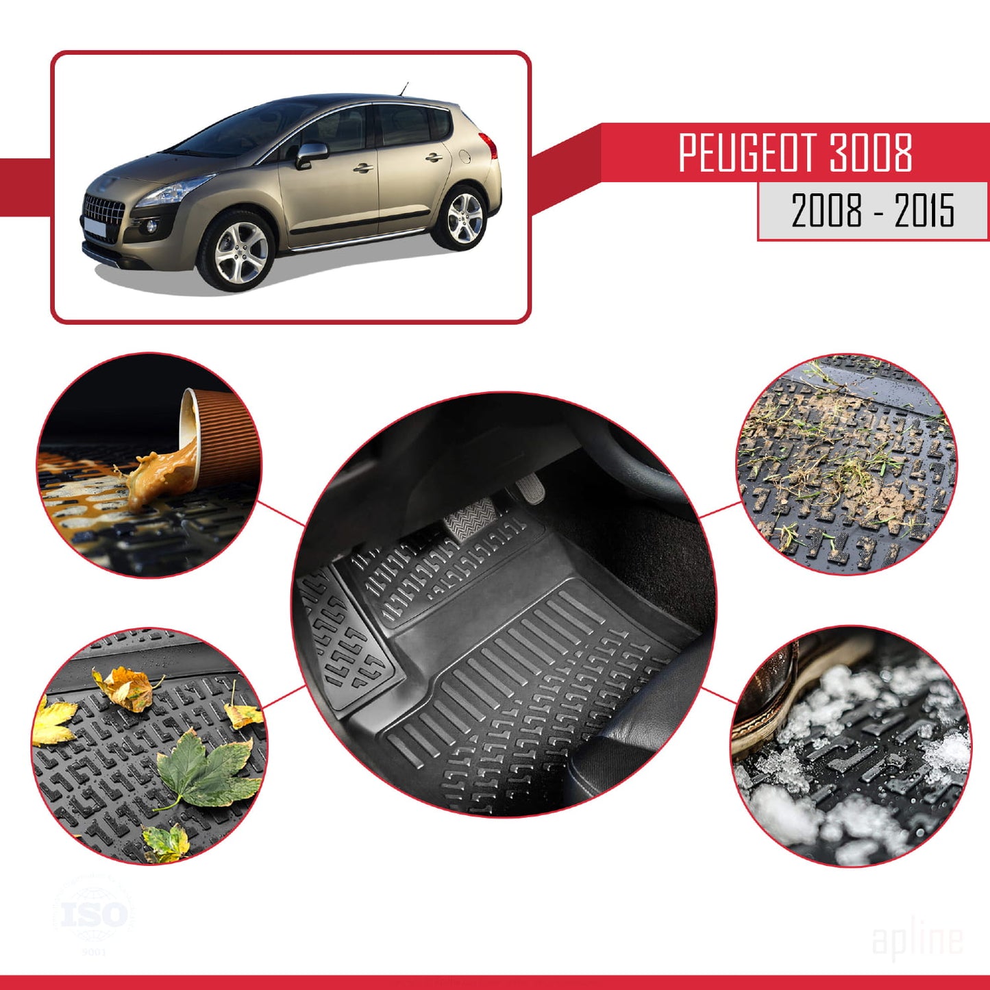 4D Rubbermatten Compatible met Peugeot 3008 (T84) 2008-2015 Zwart