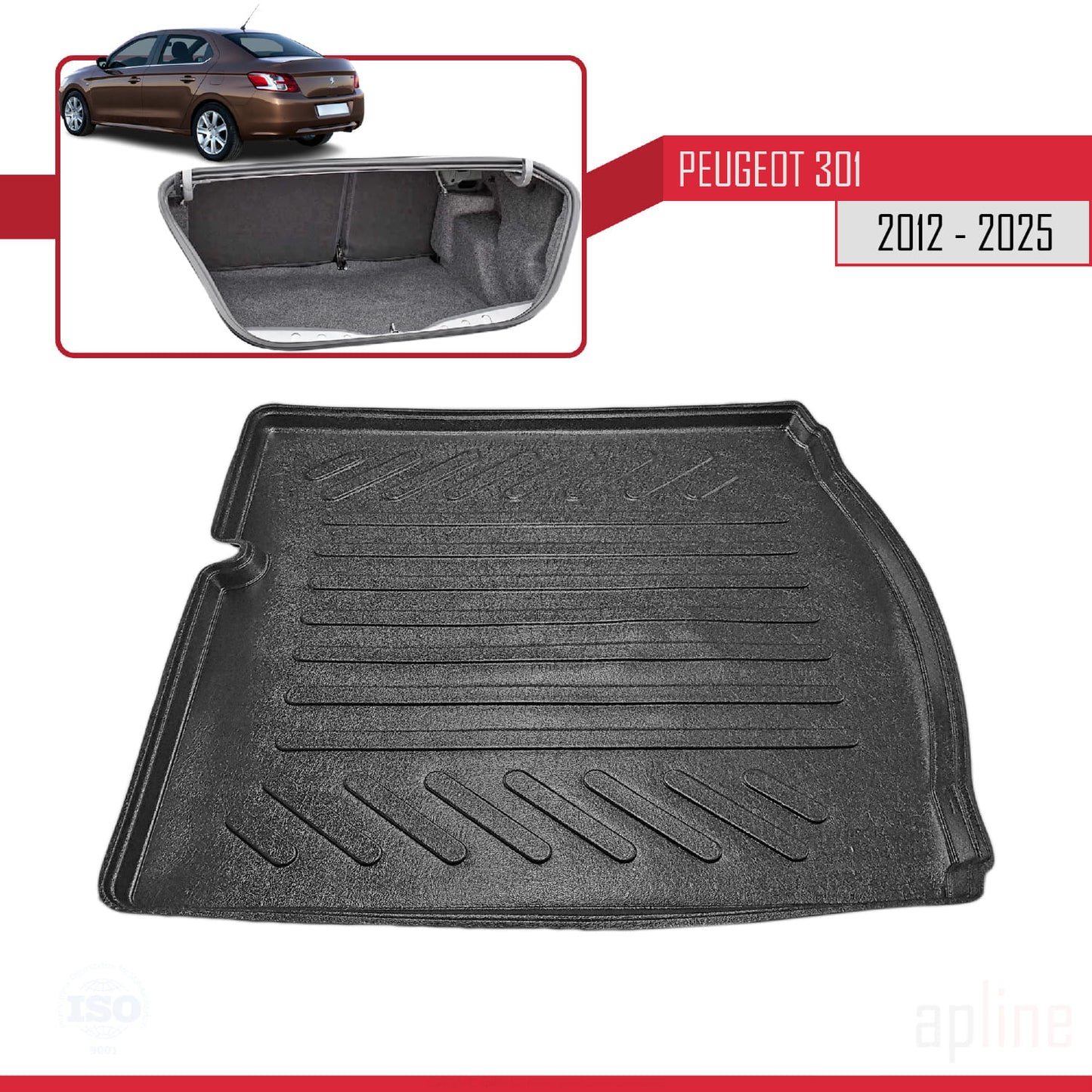 Compatible with Peugeot 301 2012-2025 Flexible Trunk Mats Cargo Liner Black