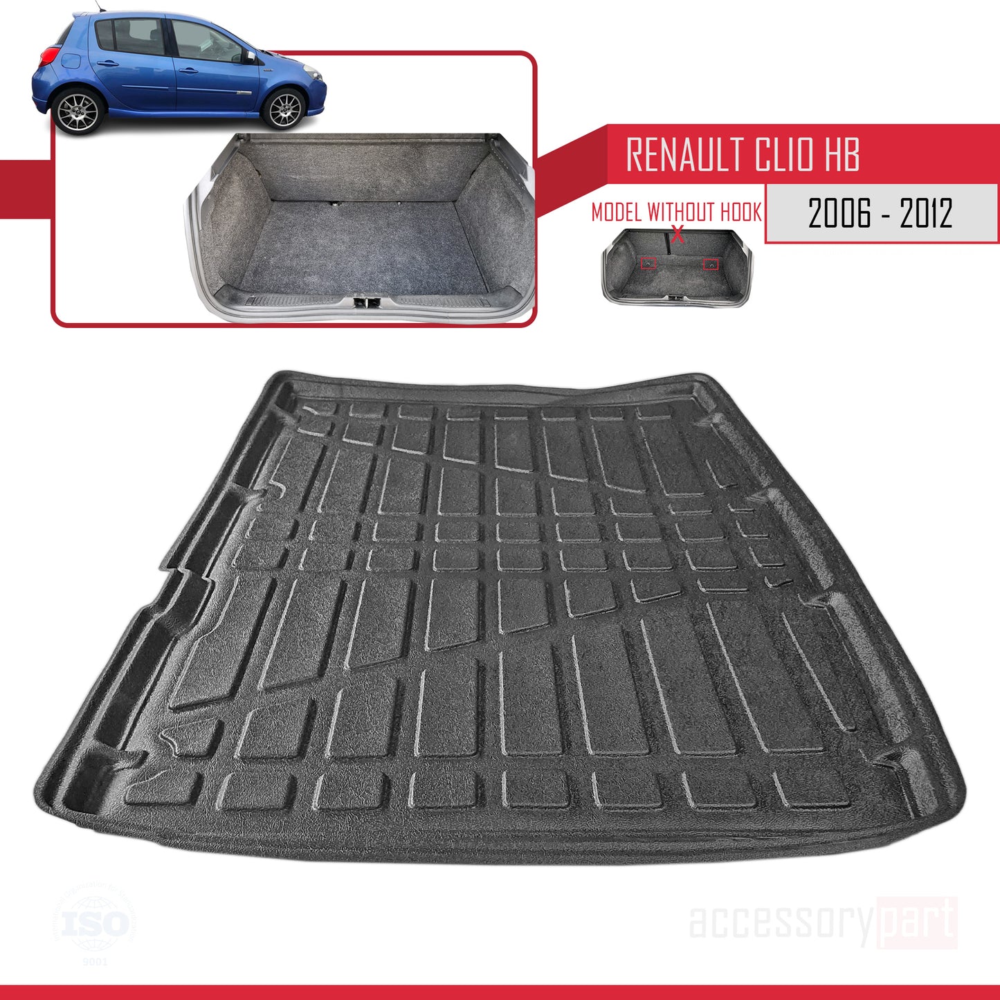 Compatible avec Renault Clio 3 2006-2012 V2 Flexible Tapis de Coffre Plancher de Chargement Noir