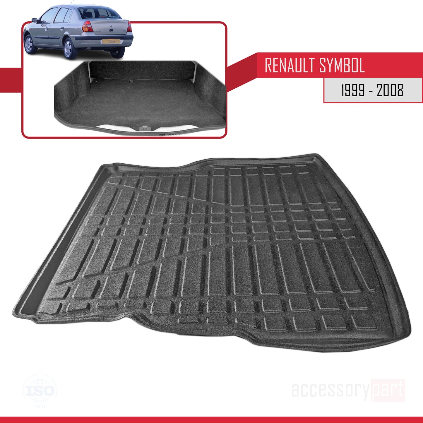 Compatible avec Renault Symbol (Clio) 1999-2008 Flexible Tapis de Coffre Plancher de Chargement Noir