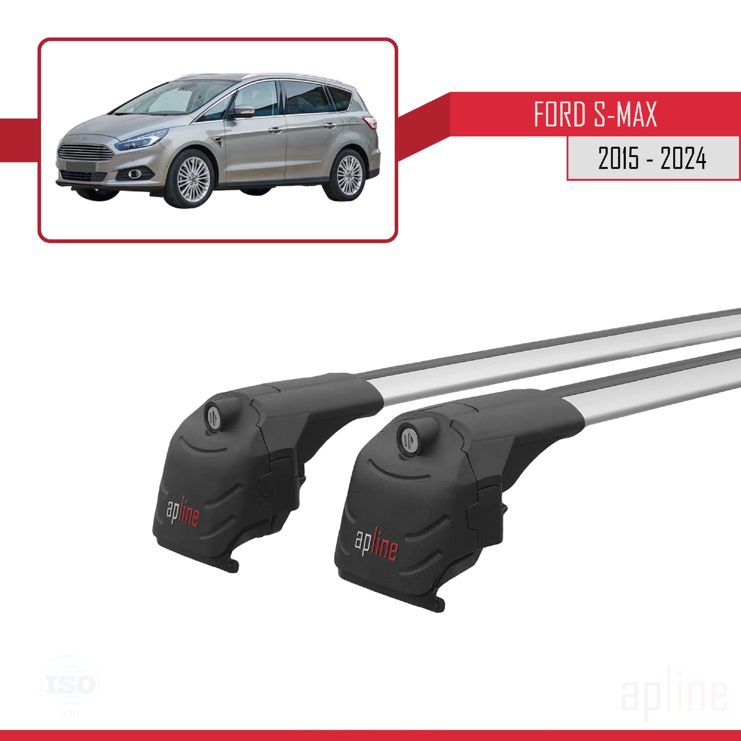 Compatible avec Ford S-Max 2 (CD539) 2015-2023 ACE-2 Barres de Toit Railing Porte-Bagages de Voiture Gris Aluminium 2 Barres