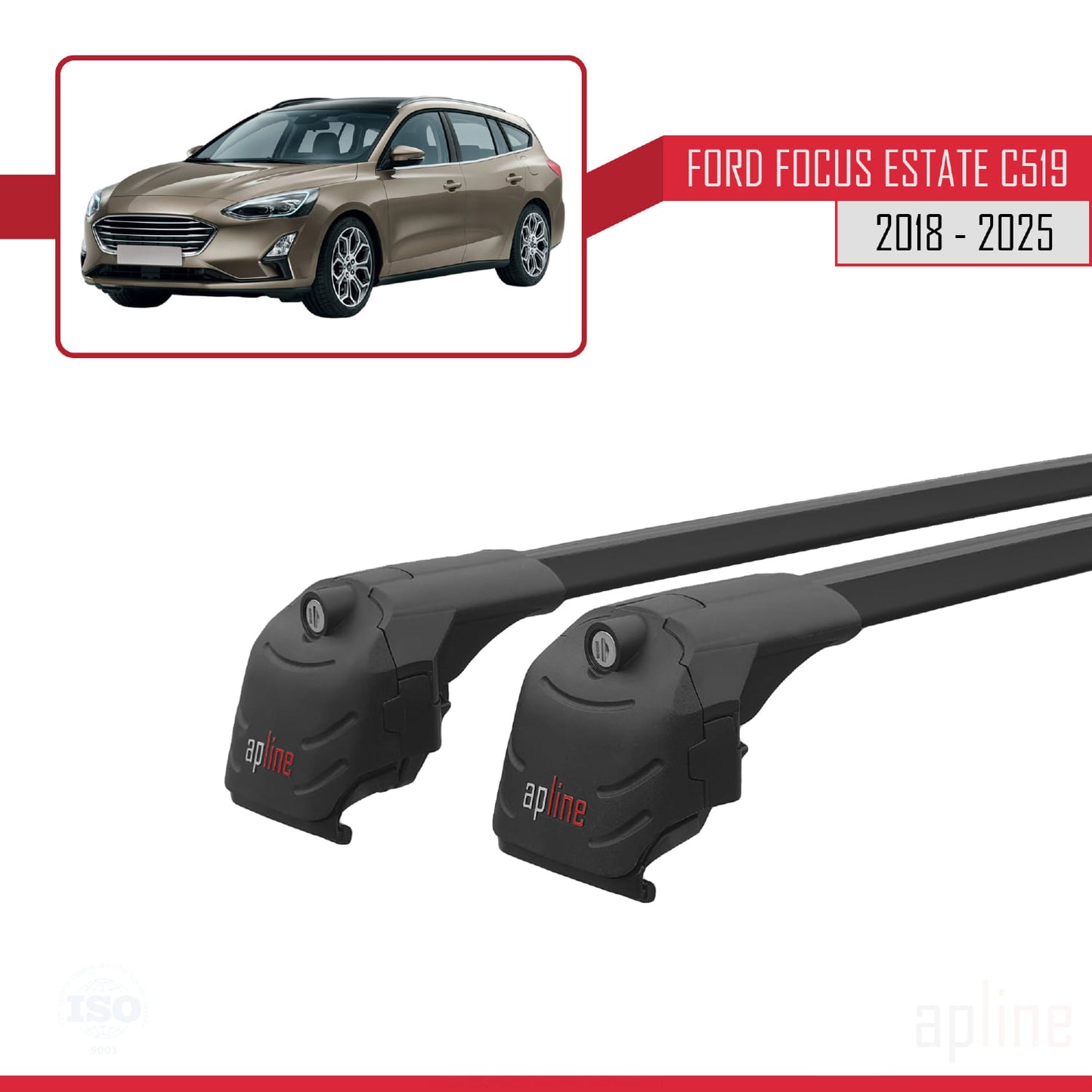 Compatible avec Ford Focus 4 (C519) Break 2019-2025 ACE-2 Barres de Toit Railing Porte-Bagages de Voiture Noir Aluminium 2 Barres