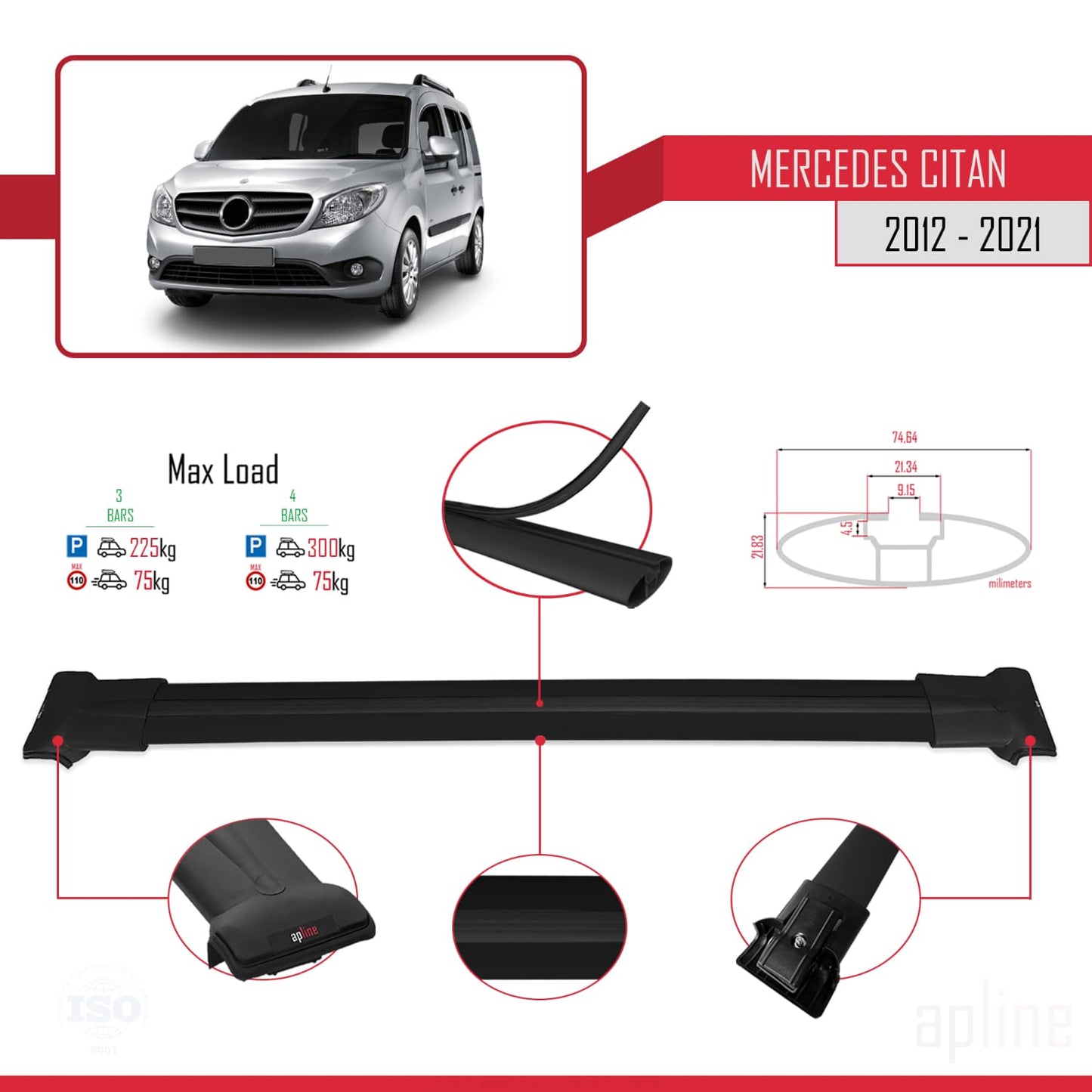 Compatible with Mercedes Citan (W415) 2012-2021 FLY Model Car Roof Rack Cross Bar Black Aluminium 3 Bars