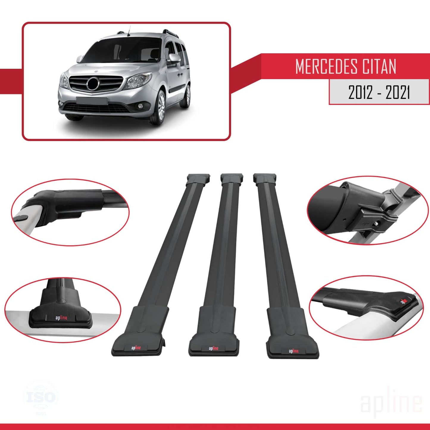 Compatible with Mercedes Citan (W415) 2012-2021 FLY Model Car Roof Rack Cross Bar Black Aluminium 3 Bars
