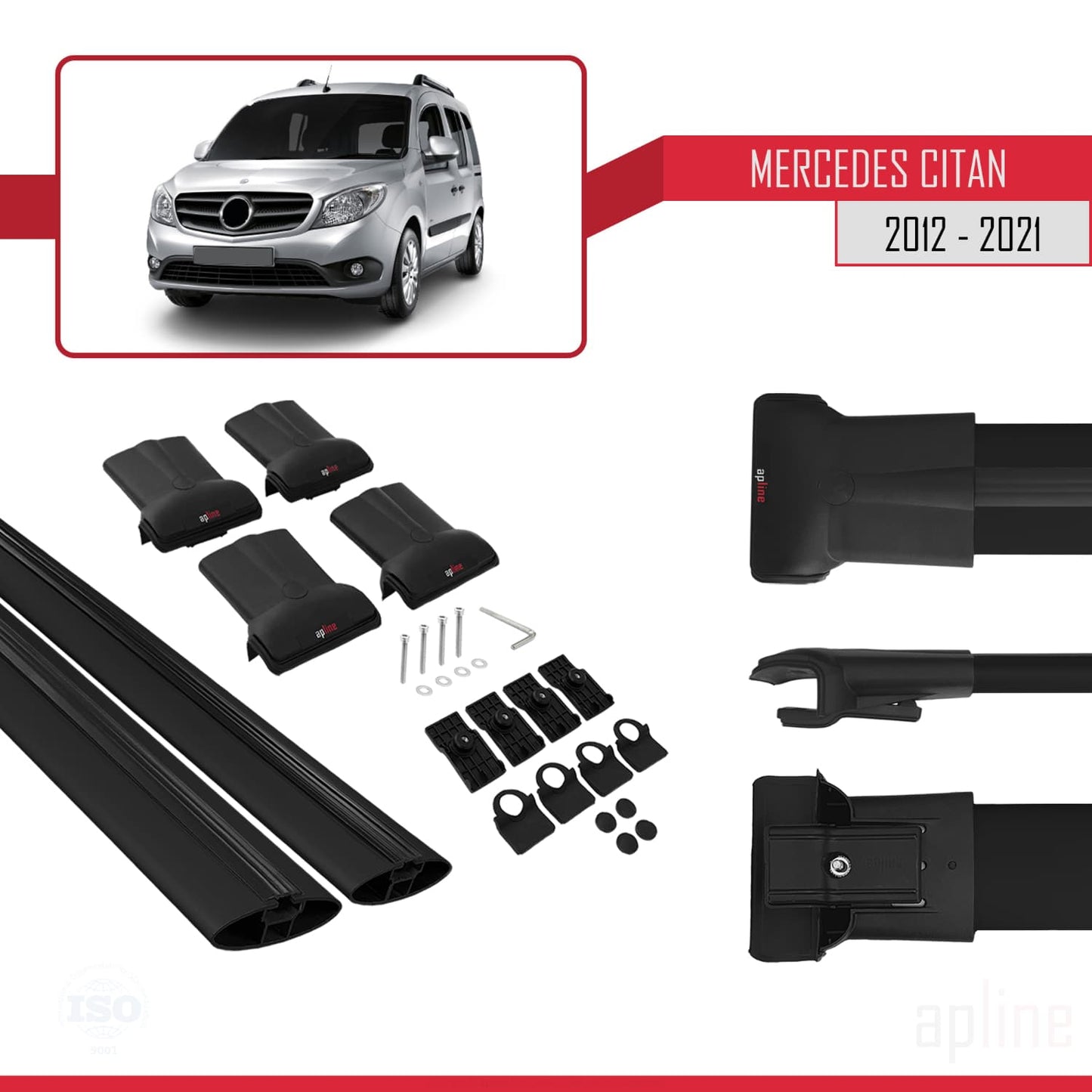 FLY Model Dakdrager bagagedrager compatibel met Mercedes Citan (W415) 2012-2021 Spoorstaven Zwart Aluminium 2 Staven