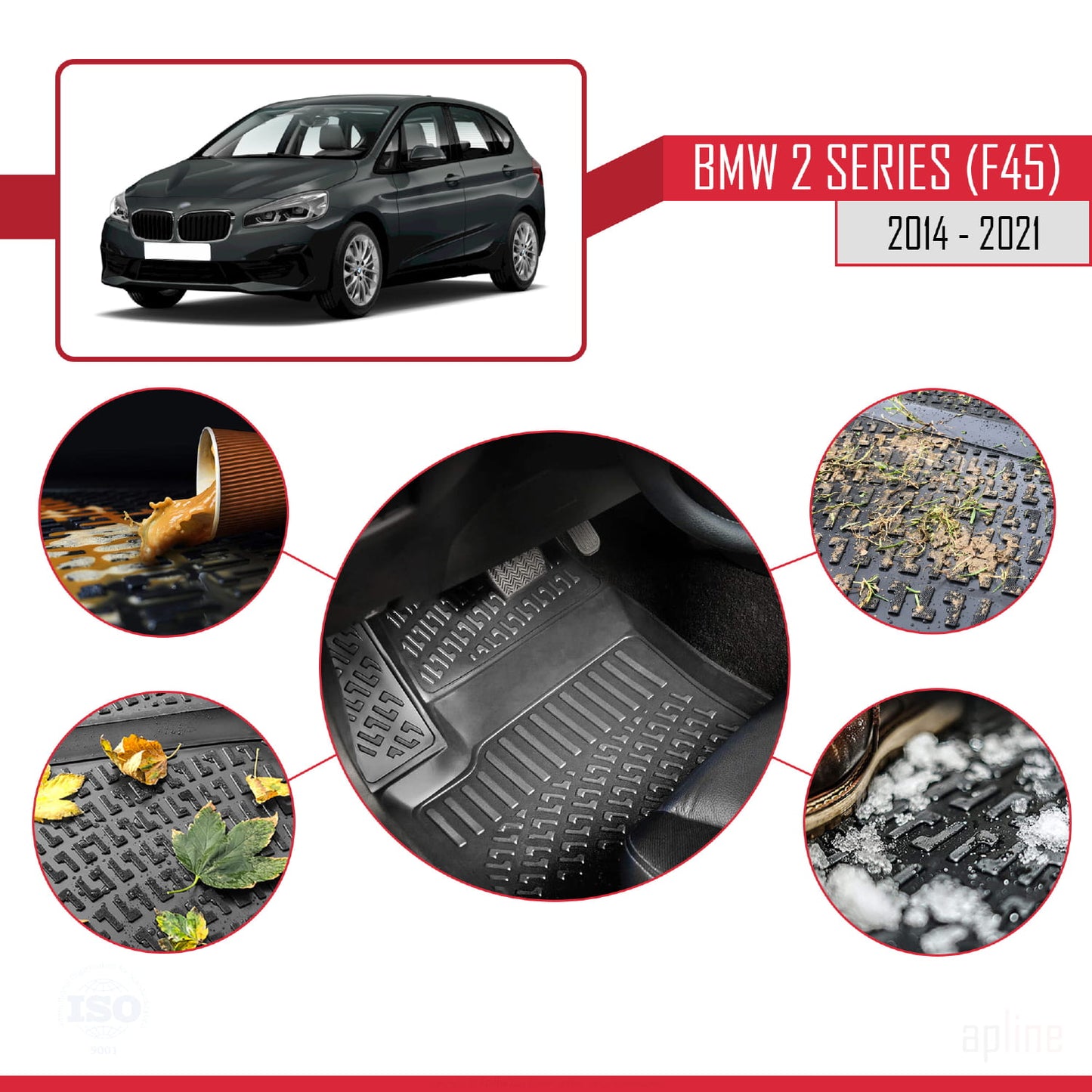 Compatible avec BMW Série 2 (F45) Active Tourer 2014-2021 4D Tapis de Voiture Noir