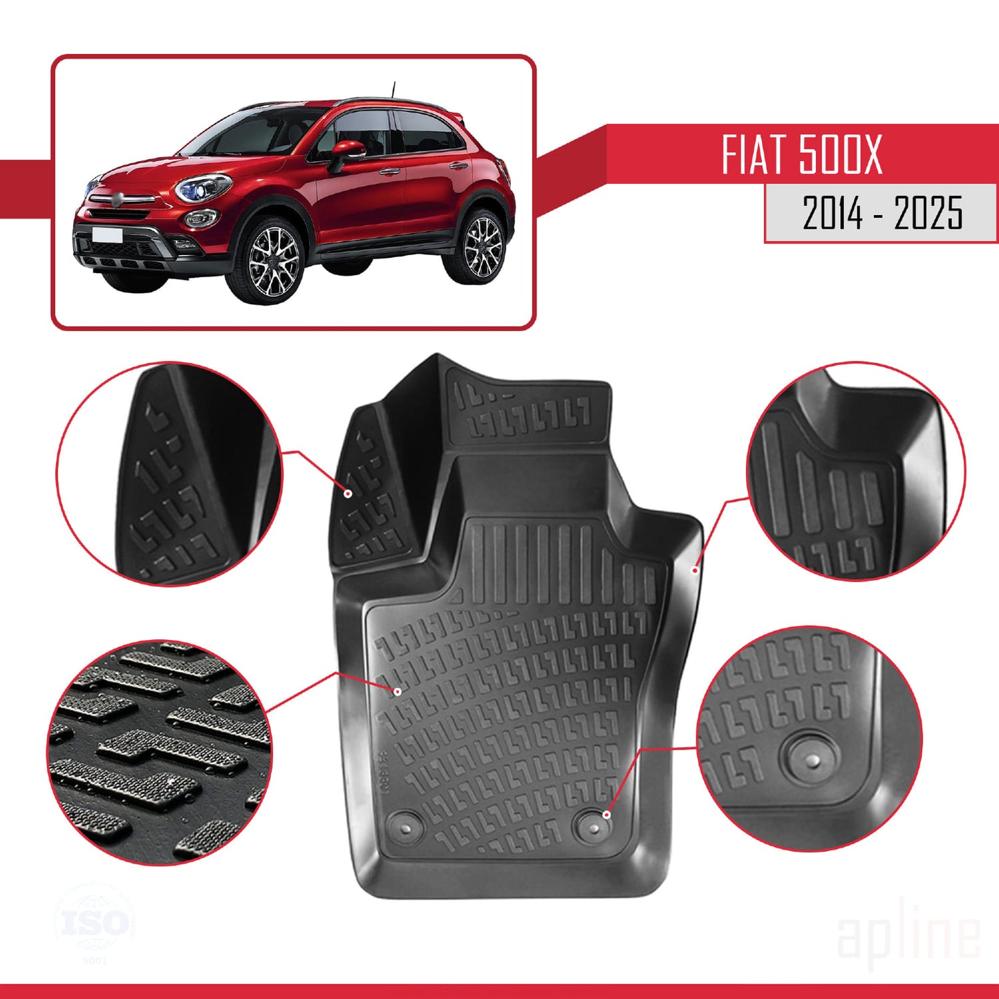 4D Rubbermatten Compatible met Fiat 500 X 2014-2025 Zwart
