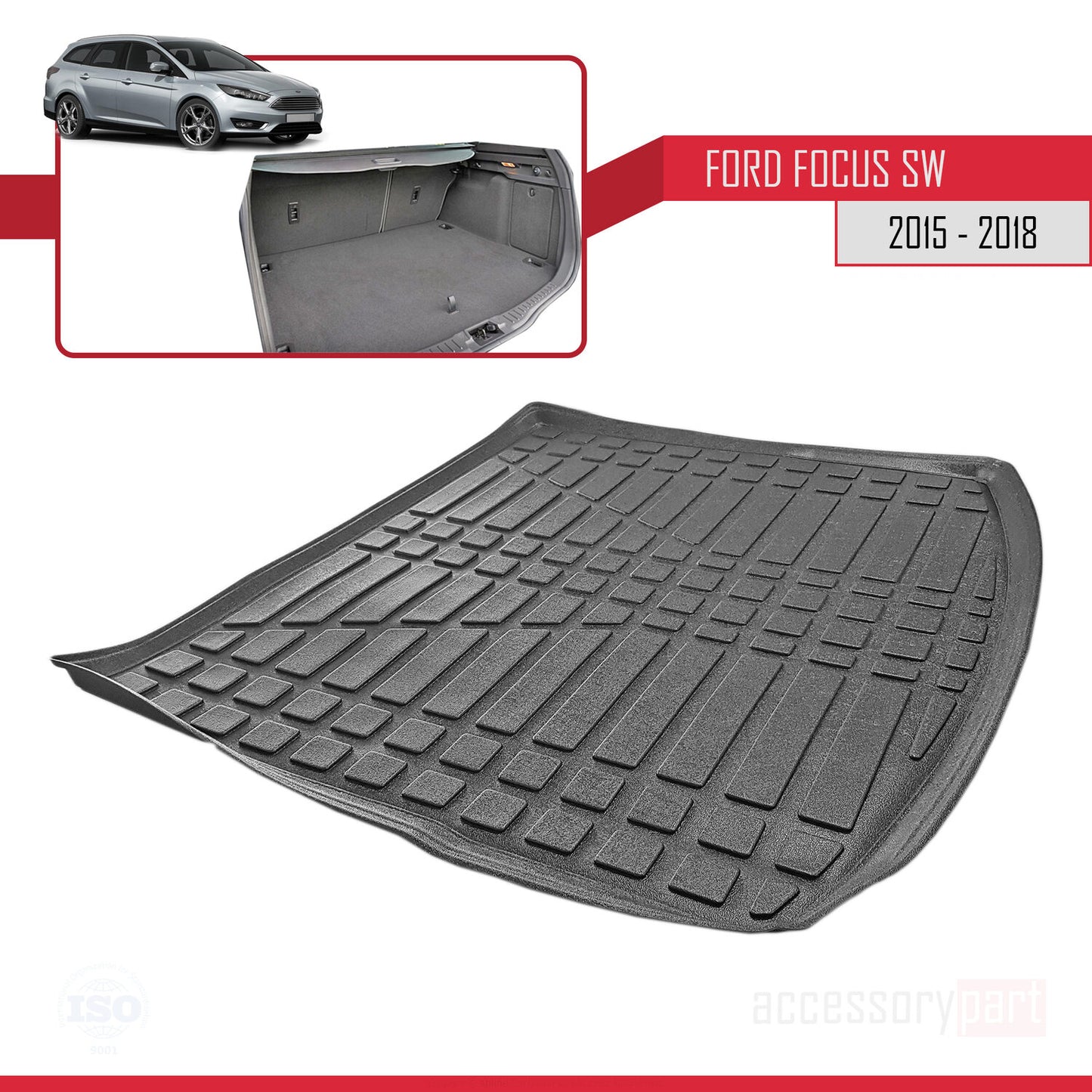Compatible avec Ford Focus 3 (C346) Break Post-Facelift 2015-2018 Flexible Tapis de Coffre Plancher de Chargement Noir