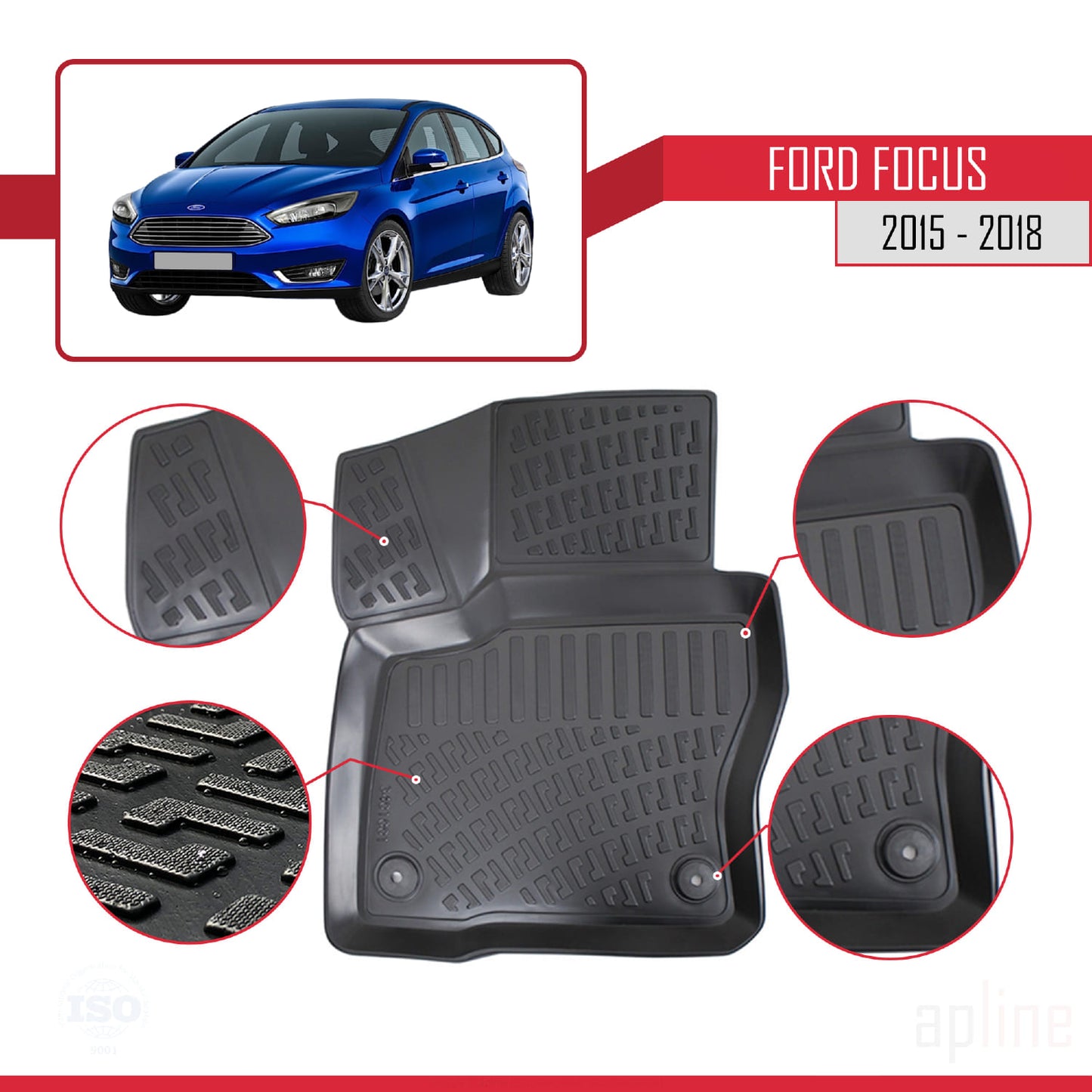 4D Rubbermatten Compatible met Ford Focus 3 (C346) Post-Facelift 2015-2018 Zwart