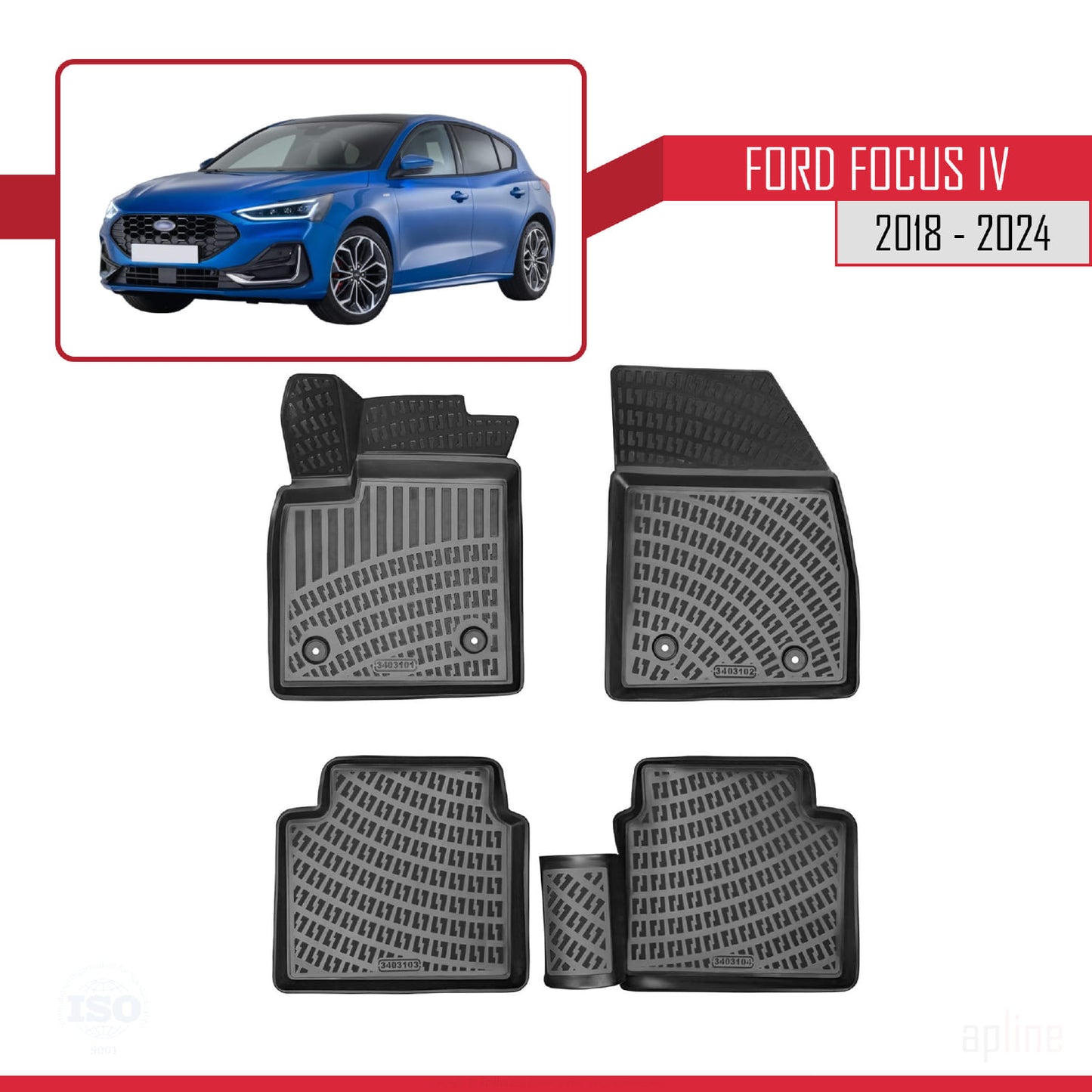 4D Rubbermatten Compatible met Ford Focus 4 (C519) 2018-2025 Zwart
