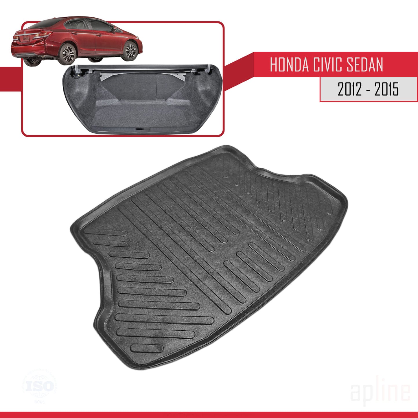 Compatible with Honda Civic 9 (FB) Sedan 2012-2015 Flexible Trunk Mats Cargo Liner Black