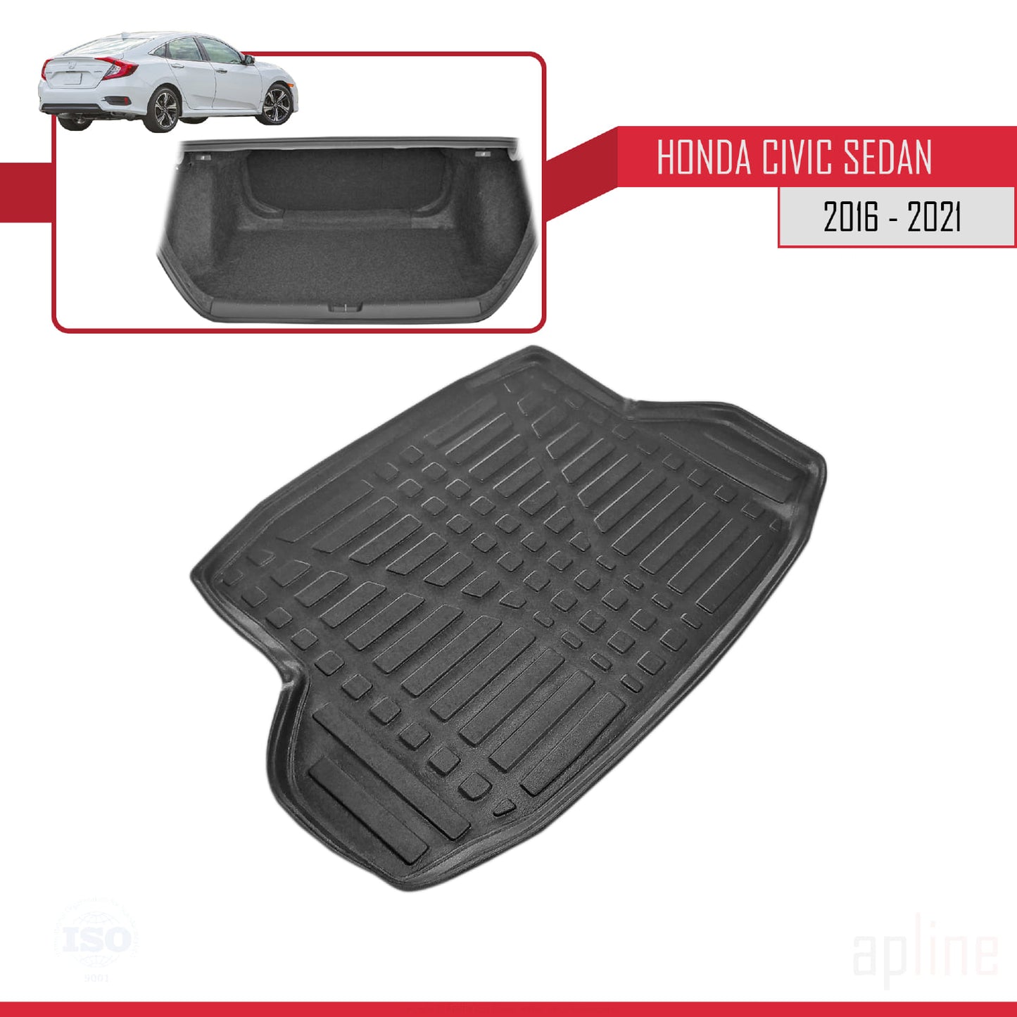 Compatible with Honda Civic 10 (FC) Sedan 2016-2021 Flexible Trunk Mats Cargo Liner Black