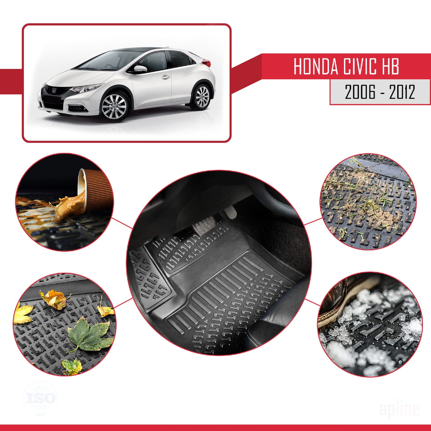 Compatible avec Honda Civic HB 2012-2015 4D Tapis de Voiture Noir