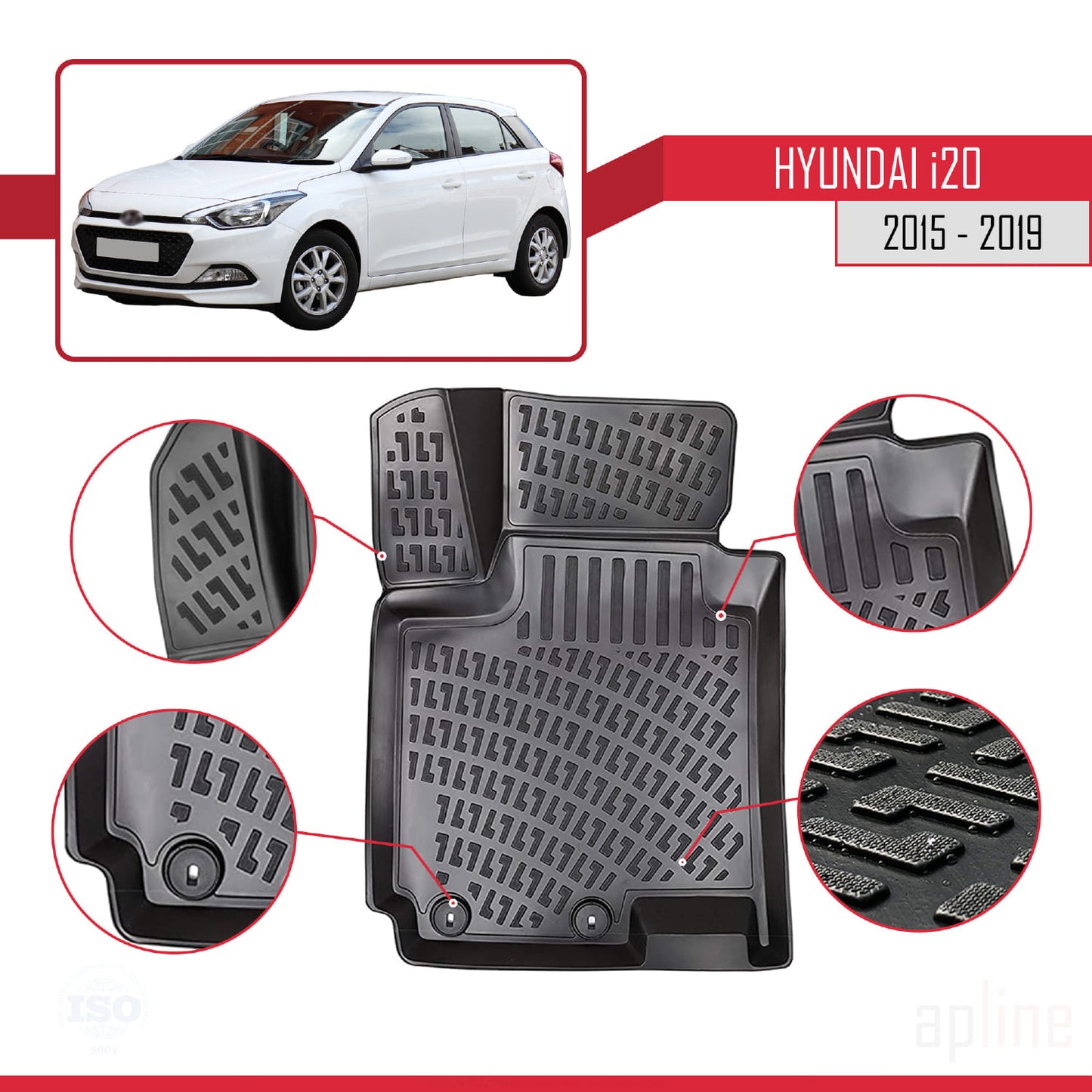 4D Rubbermatten Compatible met Hyundai i20 II (GB) 2015-2019 Zwart