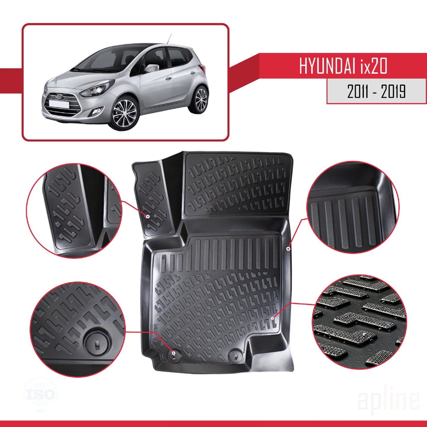 4D Rubbermatten Compatible met Hyundai ix20 (JC) 2011-2019 Zwart