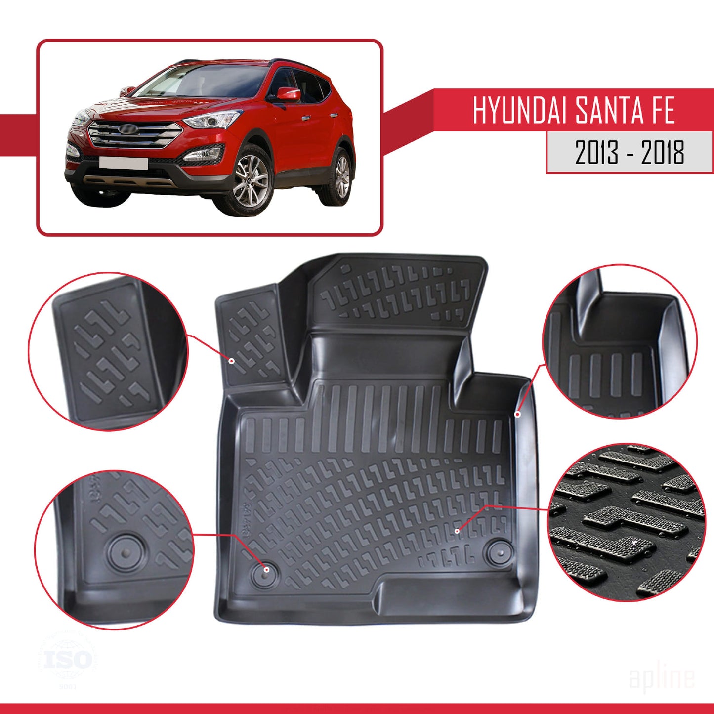 4D Rubbermatten Compatible met Hyundai Santa Fe 3 (DM) 2013-2018 Zwart