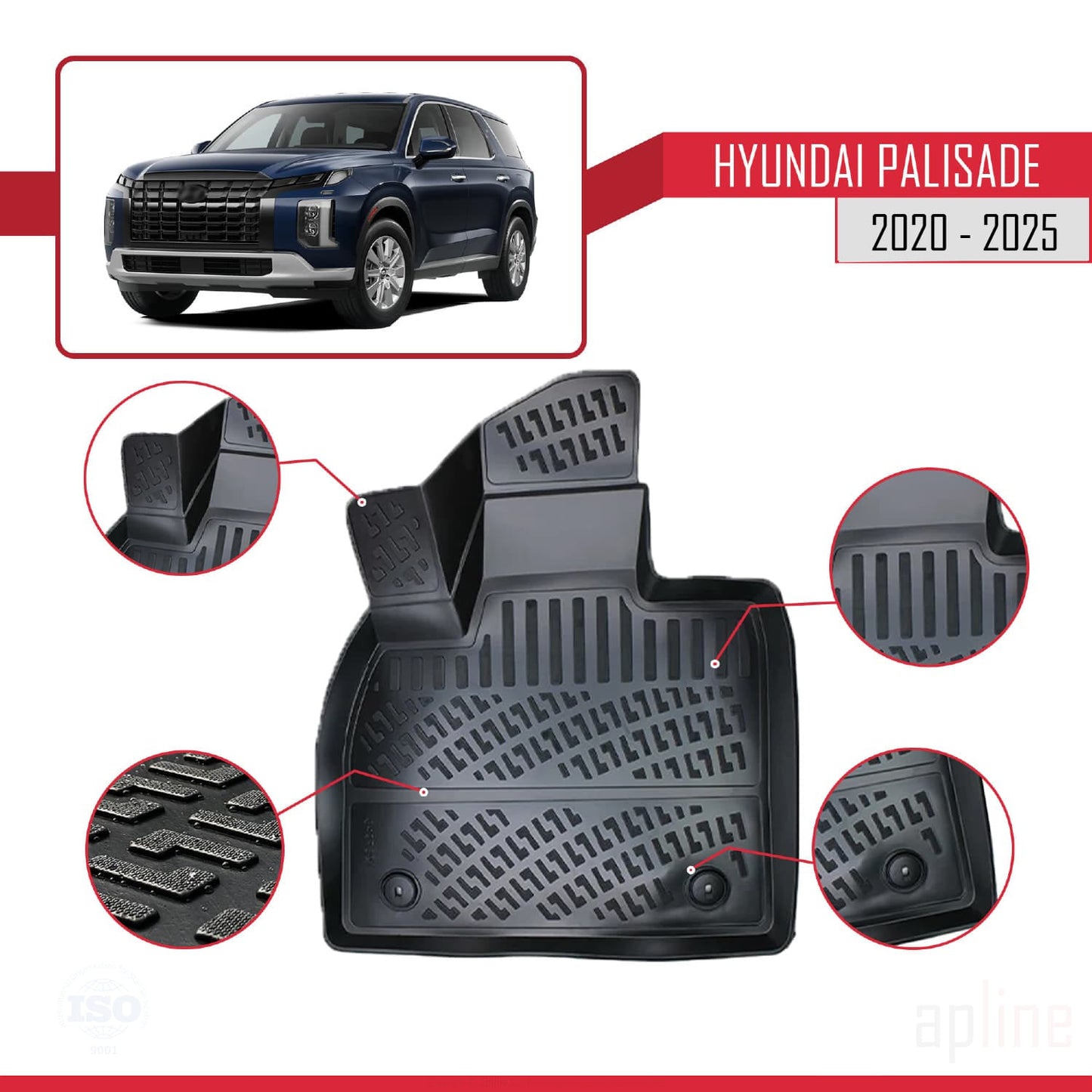 Compatible avec Hyundai Palisade (7 Koltuk) 2020-2025 4D Tapis de Voiture Noir