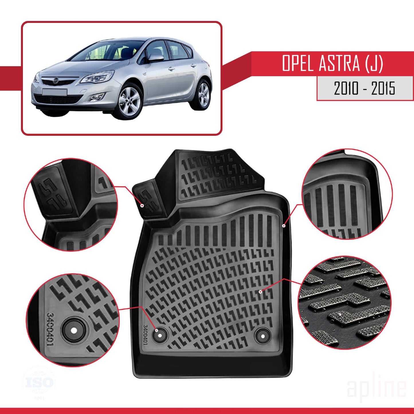 Compatible avec Opel Astra J (P09) 2010-2015 4D Tapis de Voiture Noir