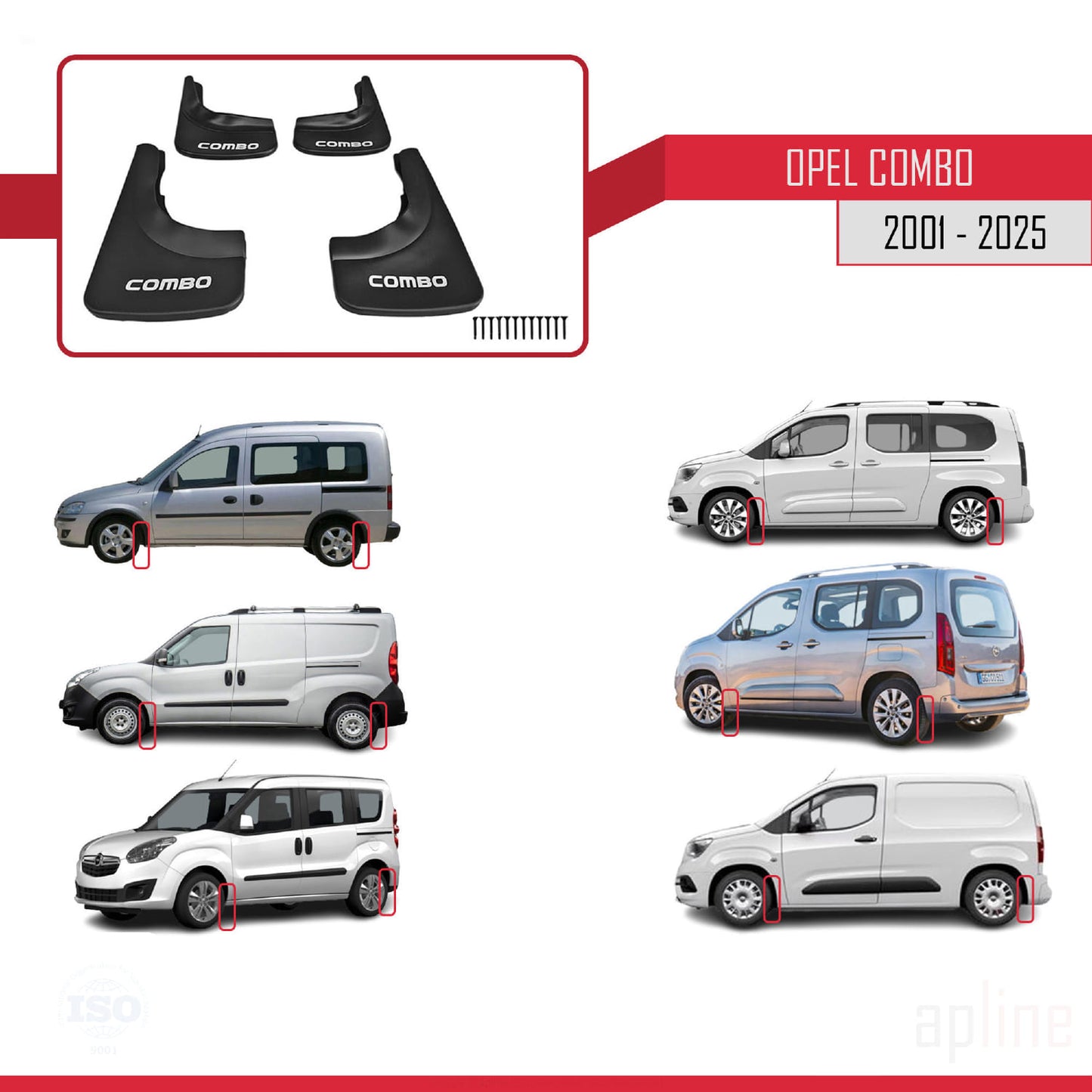 Compatible avec Opel Combo 2001-2025 Jeu de Bavettes Garde-boue Avant et Arrière de Voiture 4 Pcs Noir