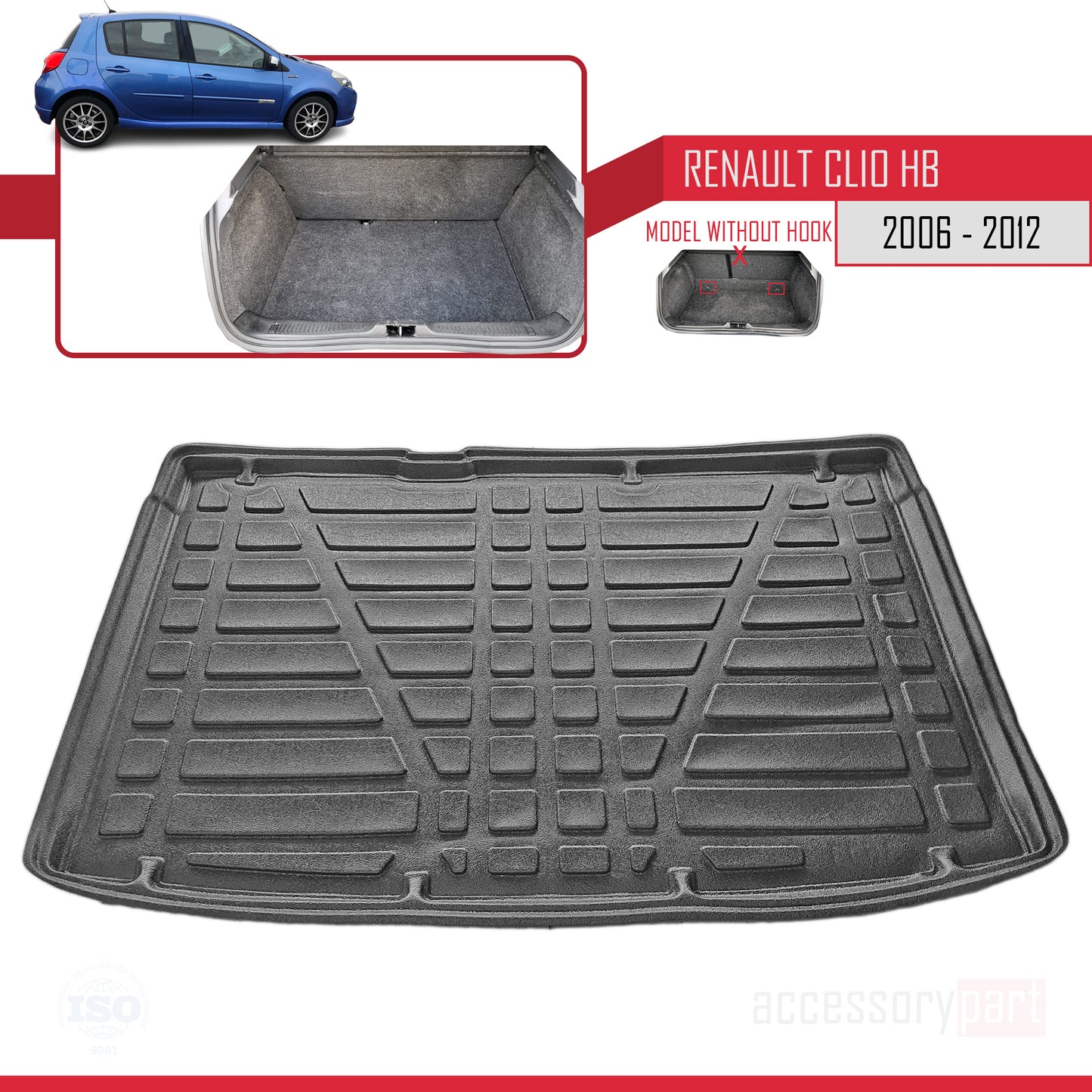 Compatible avec Renault Clio 3 2006-2012 V2 Flexible Tapis de Coffre Plancher de Chargement Noir