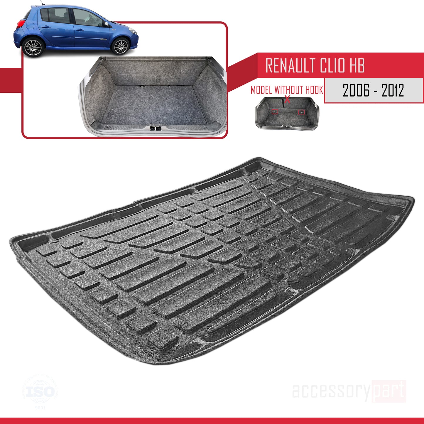 Compatible avec Renault Clio 3 2006-2012 V2 Flexible Tapis de Coffre Plancher de Chargement Noir