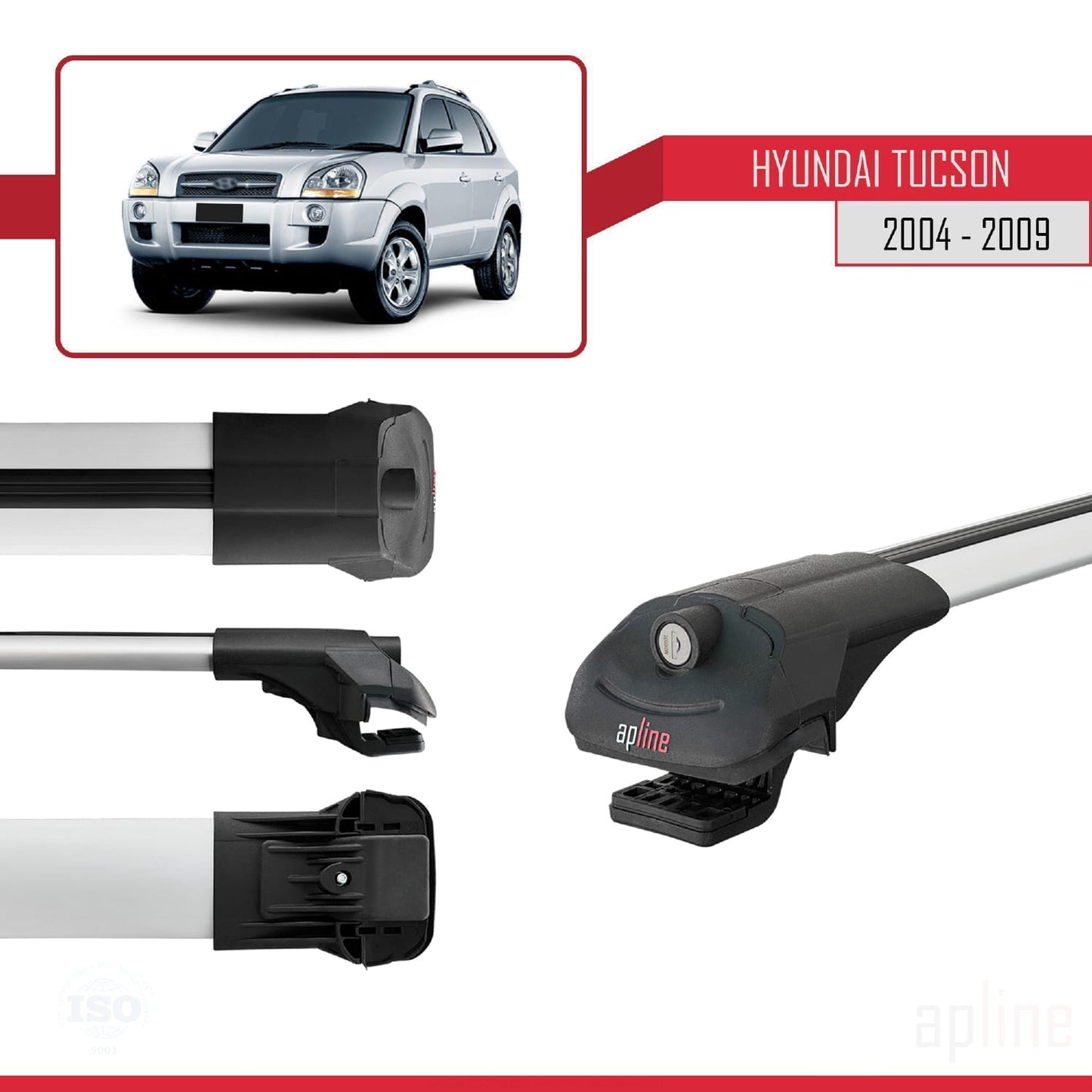 ACE-1 Dakdrager bagagedrager compatibel met Hyundai Tucson (JM) 2004-2009 Spoorstaven Grijs Aluminium 2 Staven