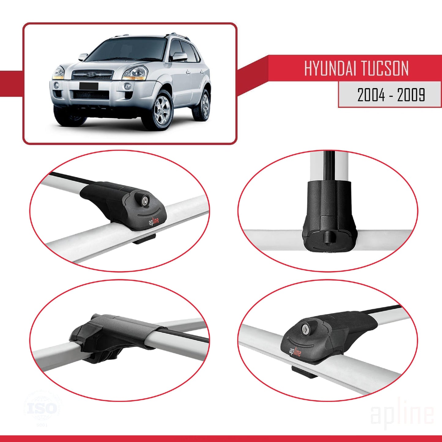 ACE-1 Dakdrager bagagedrager compatibel met Hyundai Tucson (JM) 2004-2009 Spoorstaven Grijs Aluminium 2 Staven