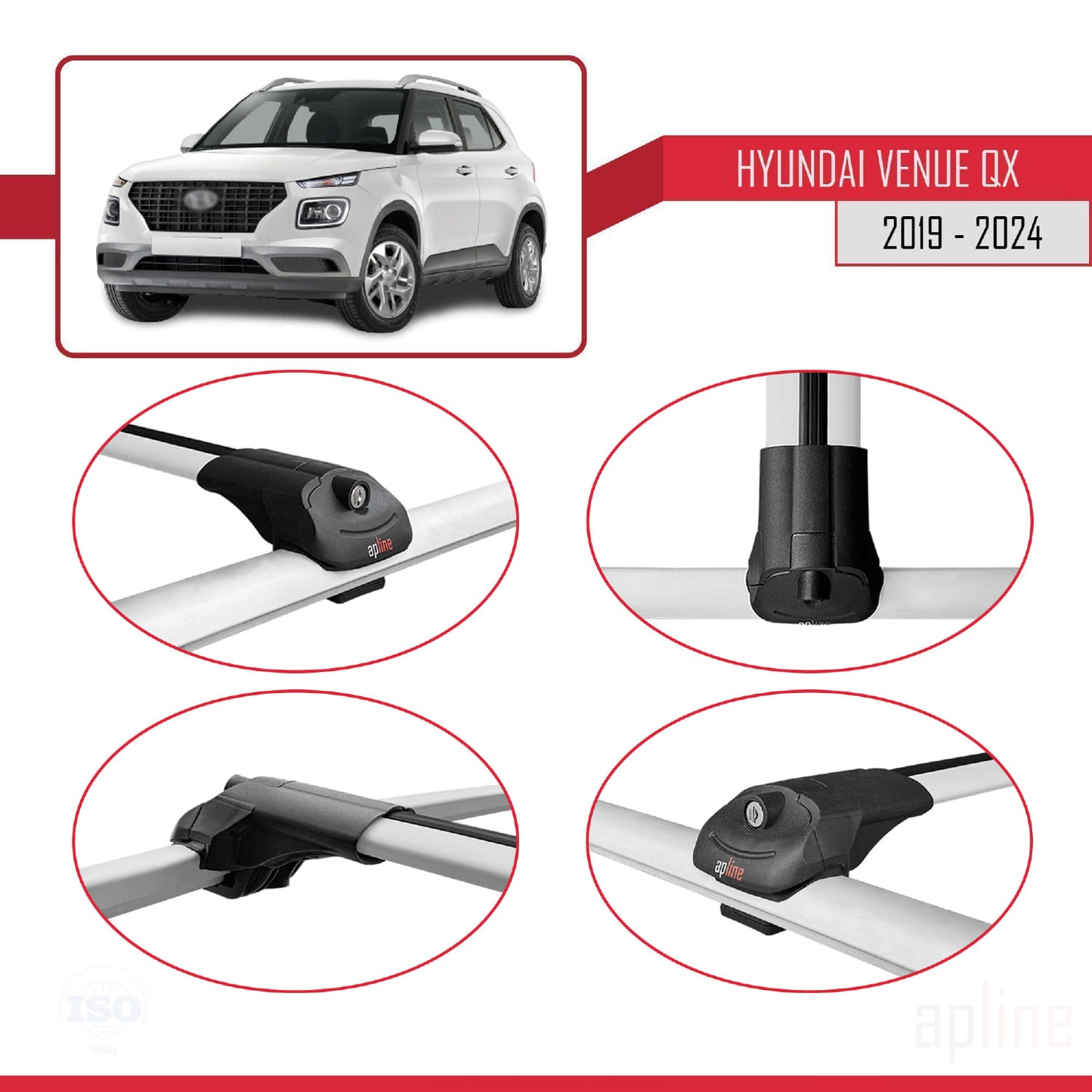 Compatible with Hyundai Venue (QX) 2019-2024 ACE-1 Car Roof Rack Cross Bar Grey Aluminium 2 Bars