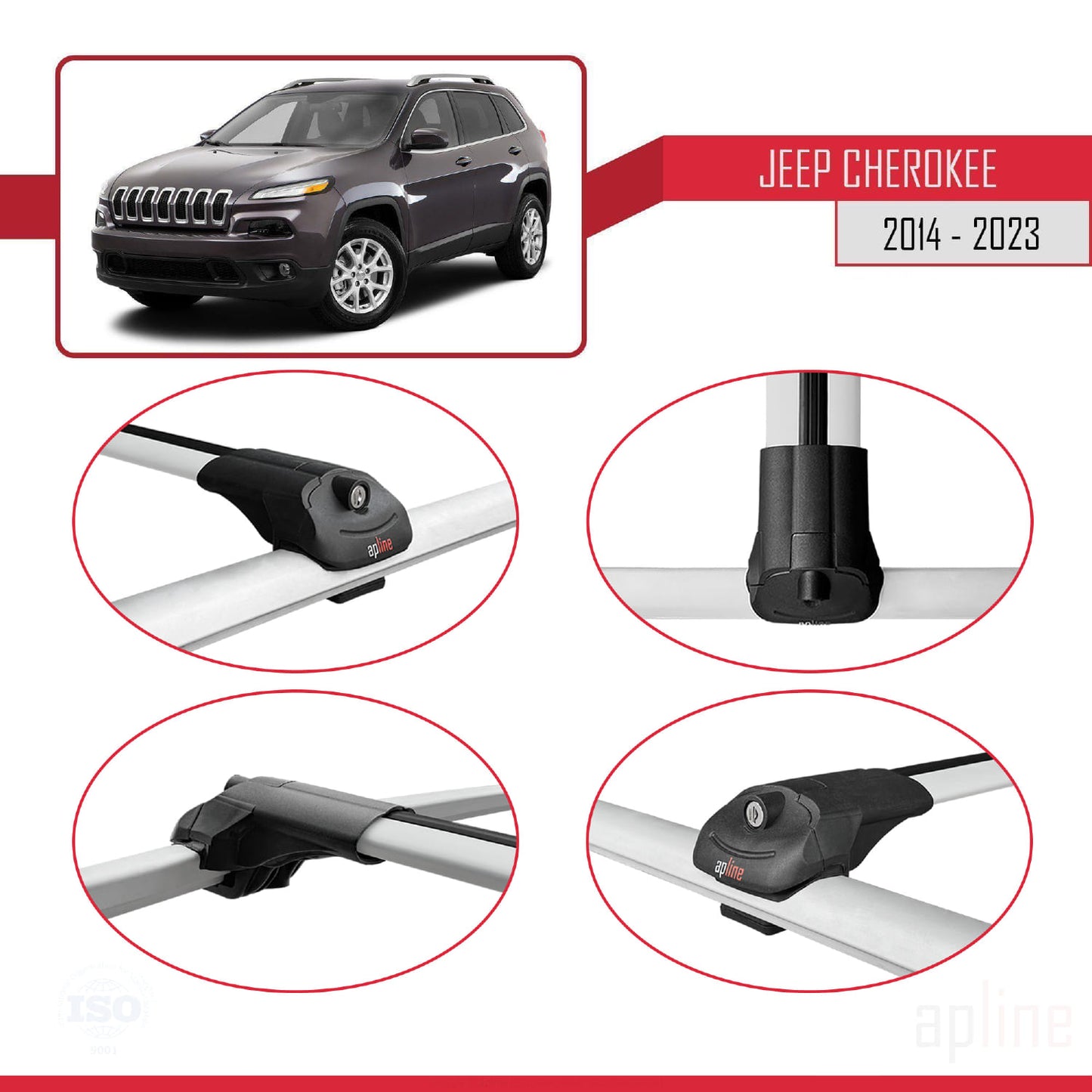 Compatible with Jeep Cherokee 5 (KL) 2014-2023 ACE-1 Car Roof Rack Cross Bar Grey Aluminium 3 Bars