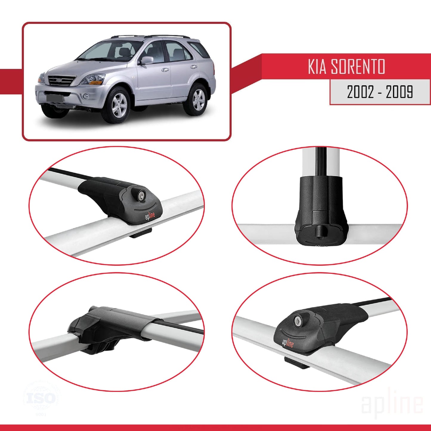 Compatible avec Kia Sorento (BL) 2002-2009 ACE-1 Barres de Toit Railing Porte-Bagages de Voiture Gris Aluminium 3 Barres