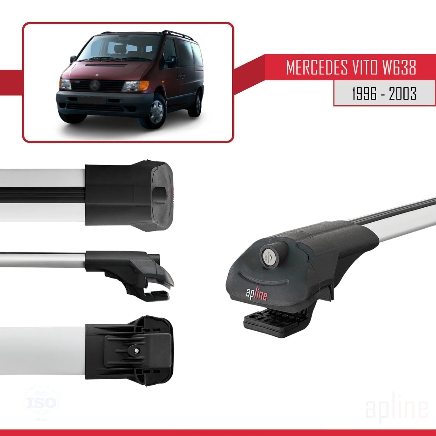 Compatible avec Mercedes Vito (W638) 1996-2003 ACE-1 Barres de Toit Railing Porte-Bagages de Voiture Gris Aluminium 3 Barres