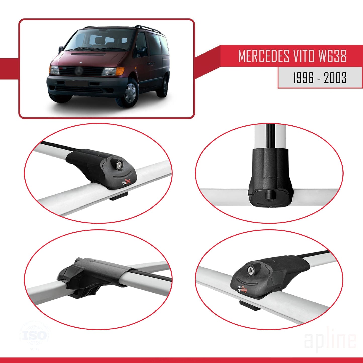 Compatible avec Mercedes Vito (W638) 1996-2003 ACE-1 Barres de Toit Railing Porte-Bagages de Voiture Gris Aluminium 2 Barres