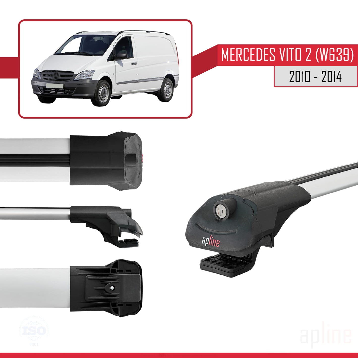 Compatible with Mercedes Vito 2 (W639) Post-Facelift 2010-2014 ACE-1 Car Roof Rack Cross Bar Grey Aluminium 3 Bars