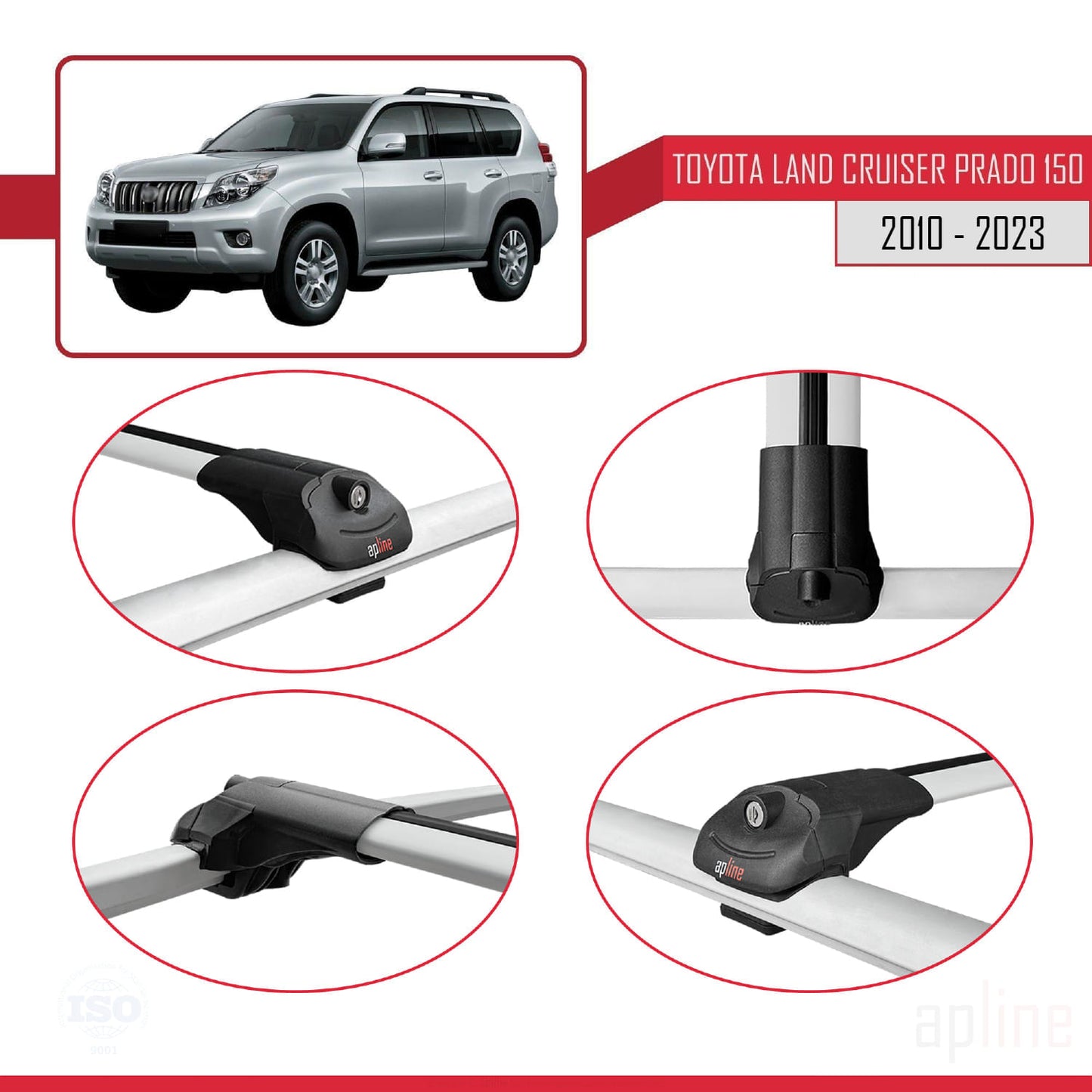 Compatible avec Toyota Land Cruiser Prado (J150) 2010-2023 ACE-1 Barres de Toit Railing Porte-Bagages de Voiture Gris Aluminium 2 Barres