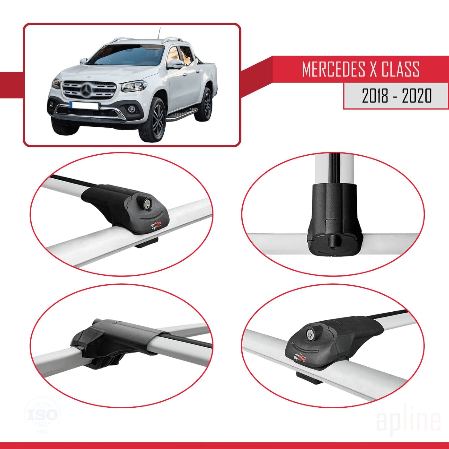 Compatible avec Mercedes Classe X (470) 2018-2020 ACE-1 Barres de Toit Railing Porte-Bagages de Voiture Gris Aluminium 3 Barres