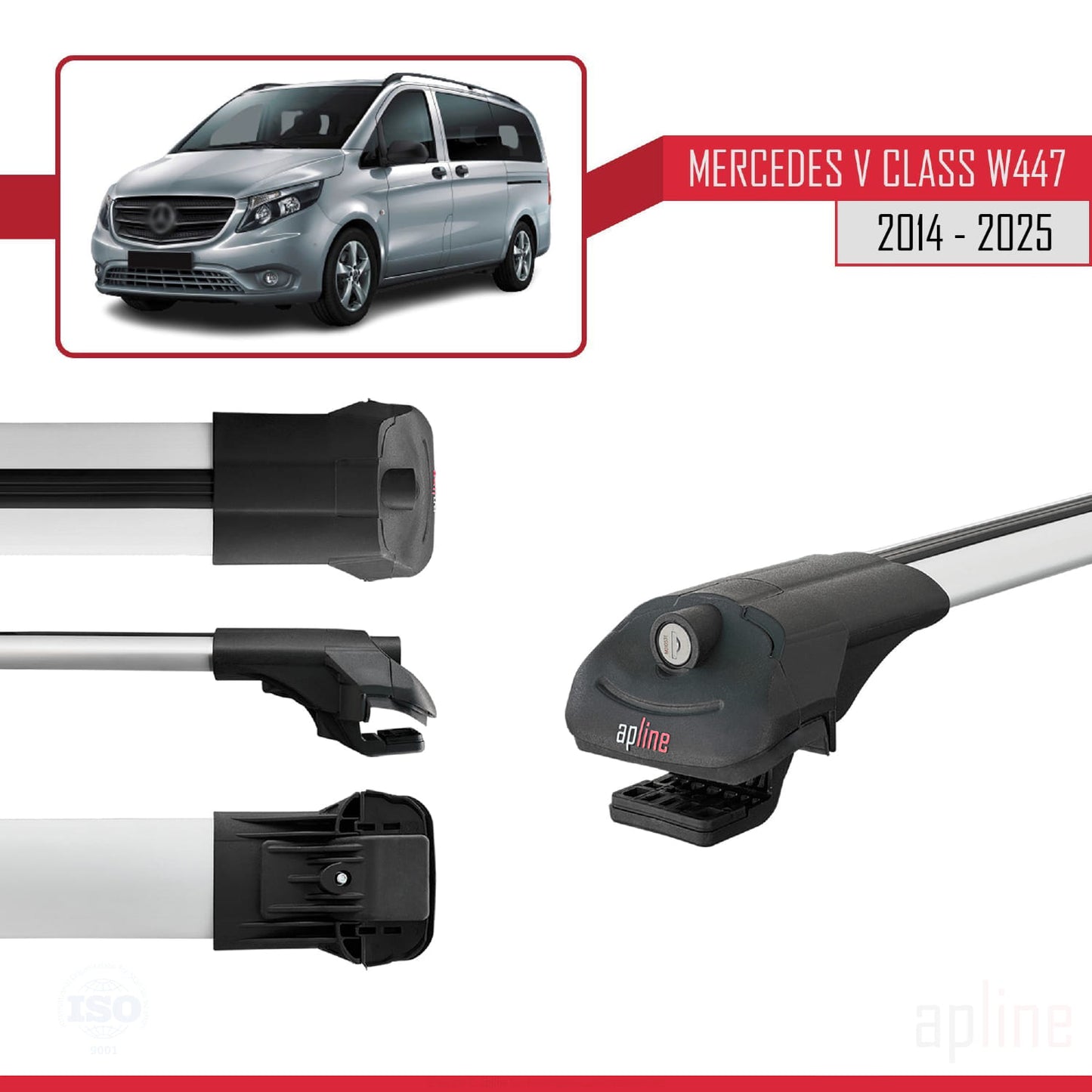 Compatible with Mercedes V Class 3 (W447) 2014-2025 ACE-1 Car Roof Rack Cross Bar Grey Aluminium 2 Bars