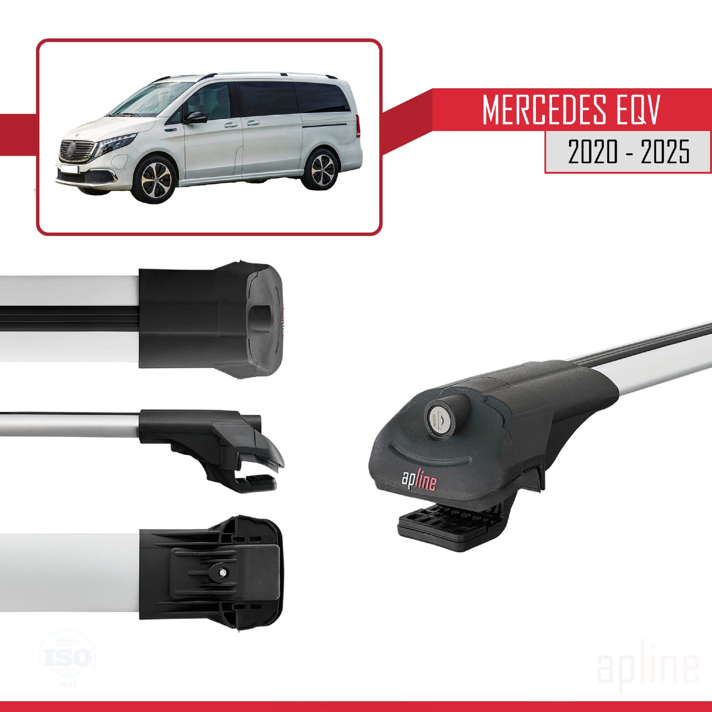 Compatible with Mercedes EQV (W447) 2020-2025 ACE-1 Car Roof Rack Cross Bar Grey Aluminium 3 Bars