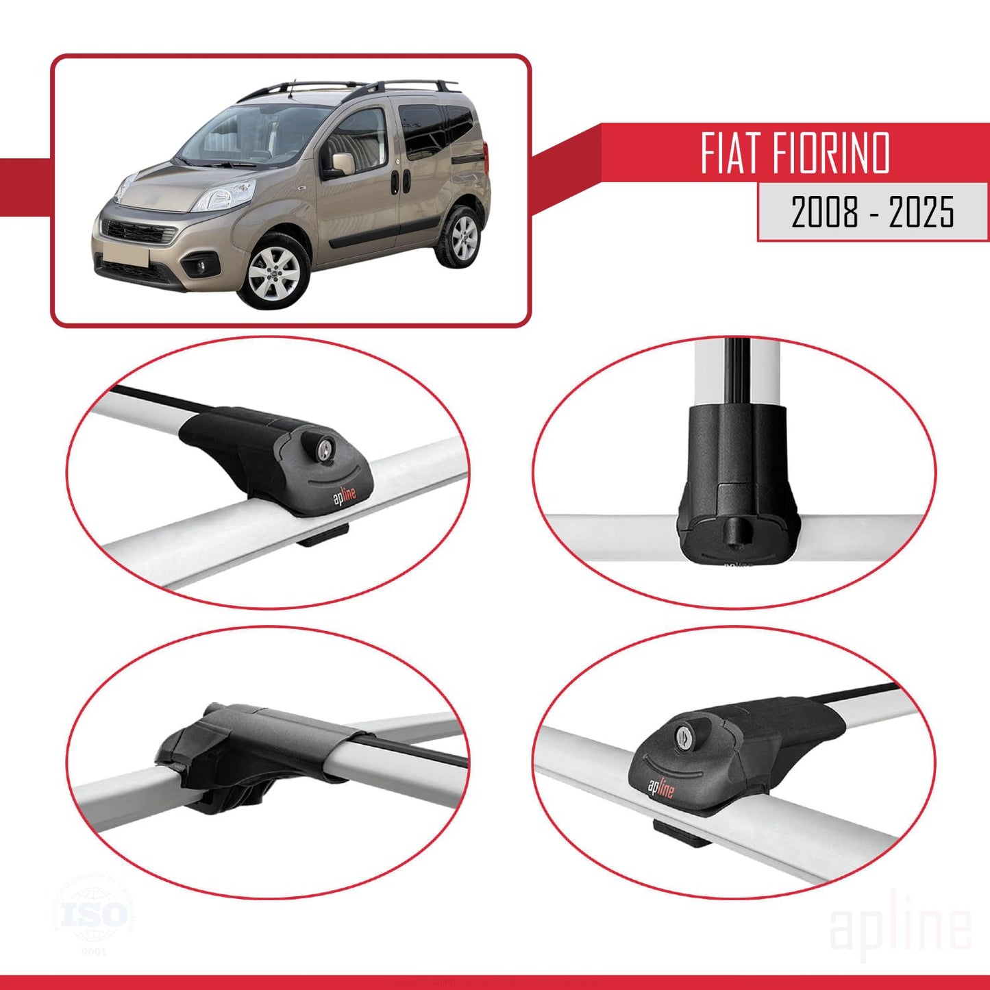 Compatible avec Fiat Fiorino (Modèle Tubulaire) 2008-2025 ACE-1 Barres de Toit Railing Porte-Bagages de Voiture Gris Aluminium 3 Barres
