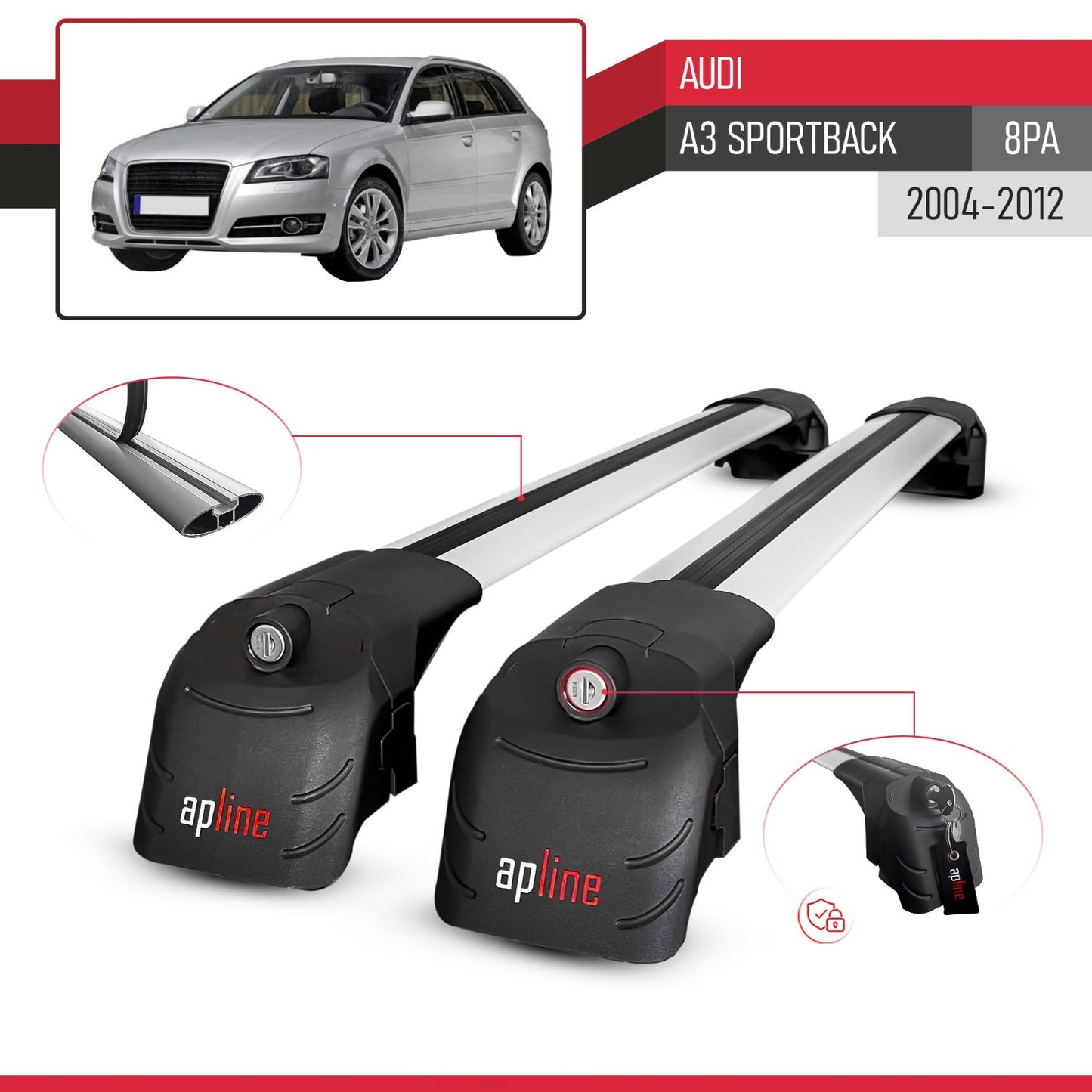 ACE-2 Dakdrager bagagedrager compatibel met A3 (8PA) Sportback 2004-2012 Spoorstaven Grijs Aluminium 2 Staven