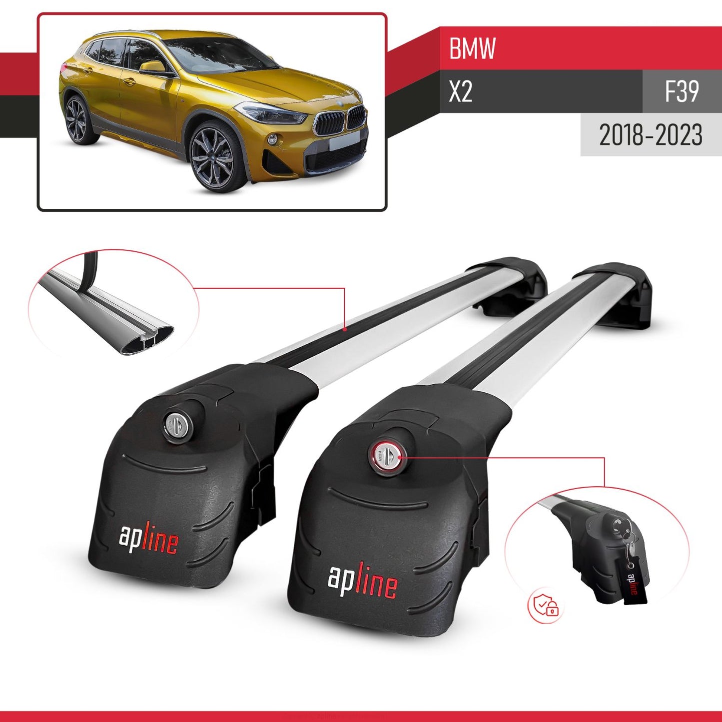 ACE-2 Dakdrager bagagedrager compatibel met BMW X2 (F39) 2018-2023 Spoorstaven Grijs Aluminium 2 Staven