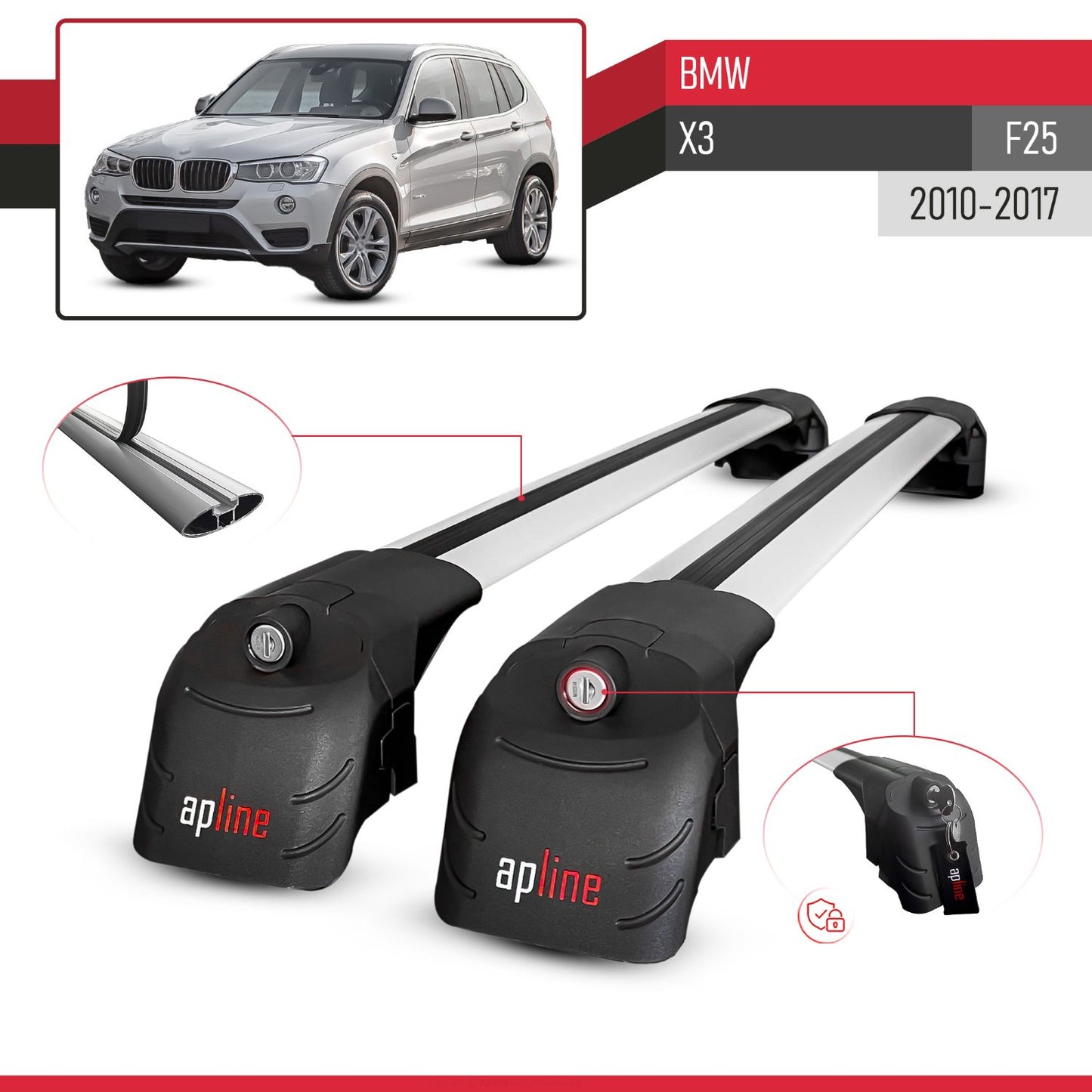 ACE-2 Dakdrager bagagedrager compatibel met BMW X3 (F25) 2011-2017 Spoorstaven Grijs Aluminium 2 Staven