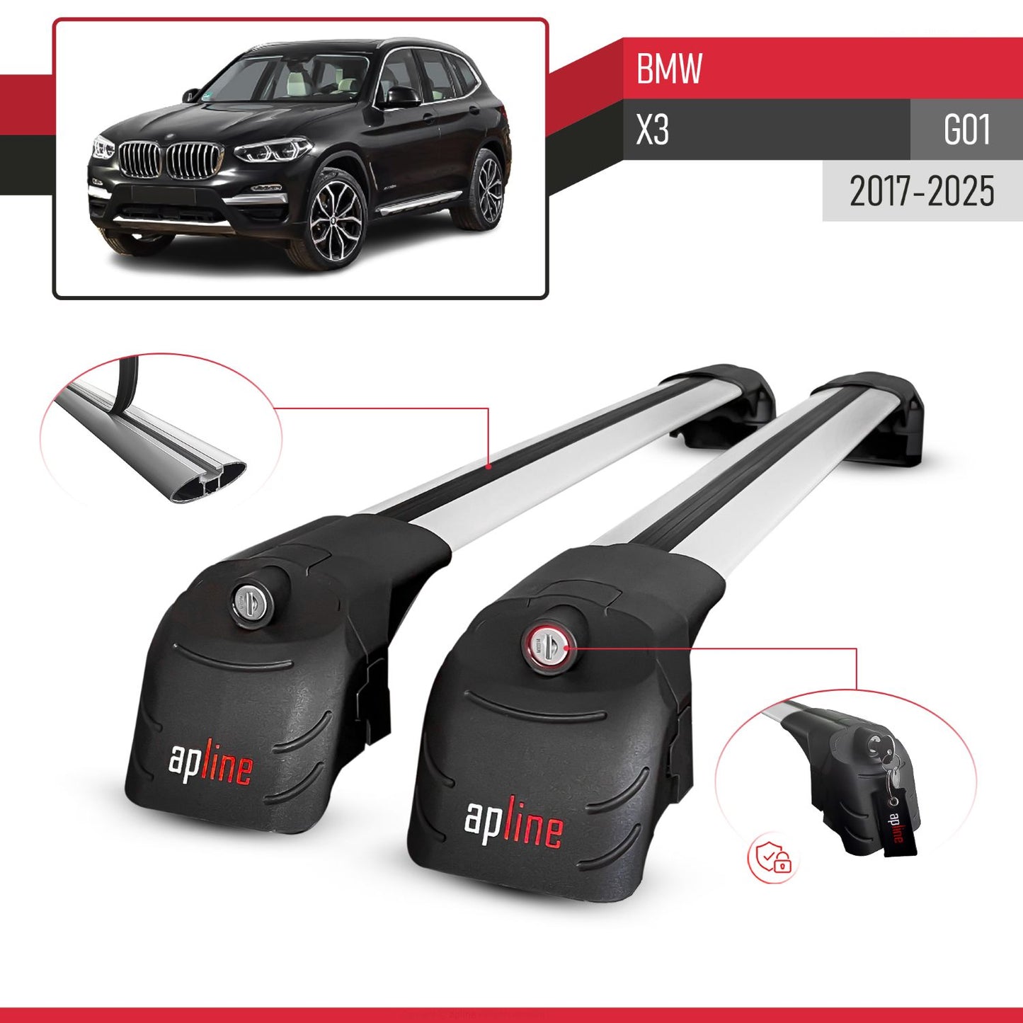 ACE-2 Dakdrager bagagedrager compatibel met BMW X3 (G01) 2018-2024 Spoorstaven Grijs Aluminium 2 Staven