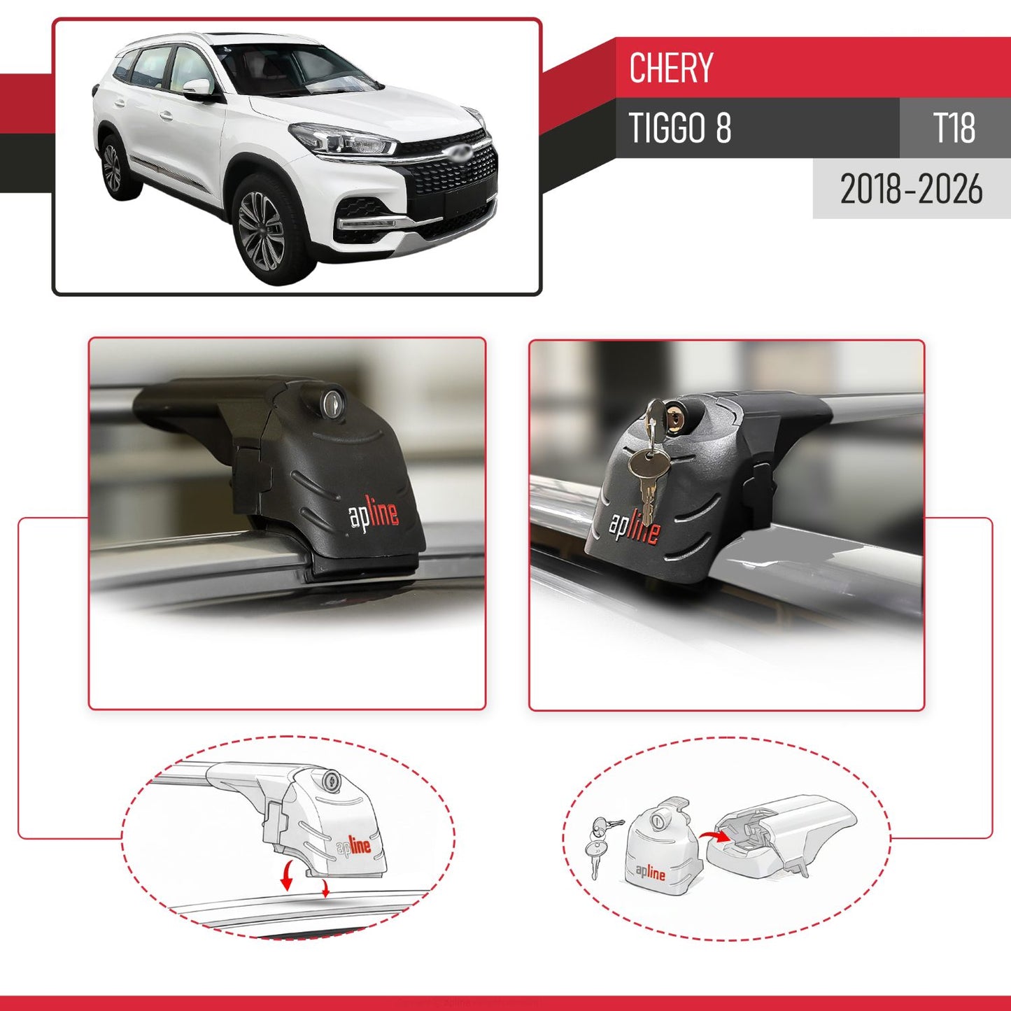 ACE-2 Dakdrager bagagedrager compatibel met Chery Tiggo 8 2018-2024 Spoorstaven Grijs Aluminium 2 Staven