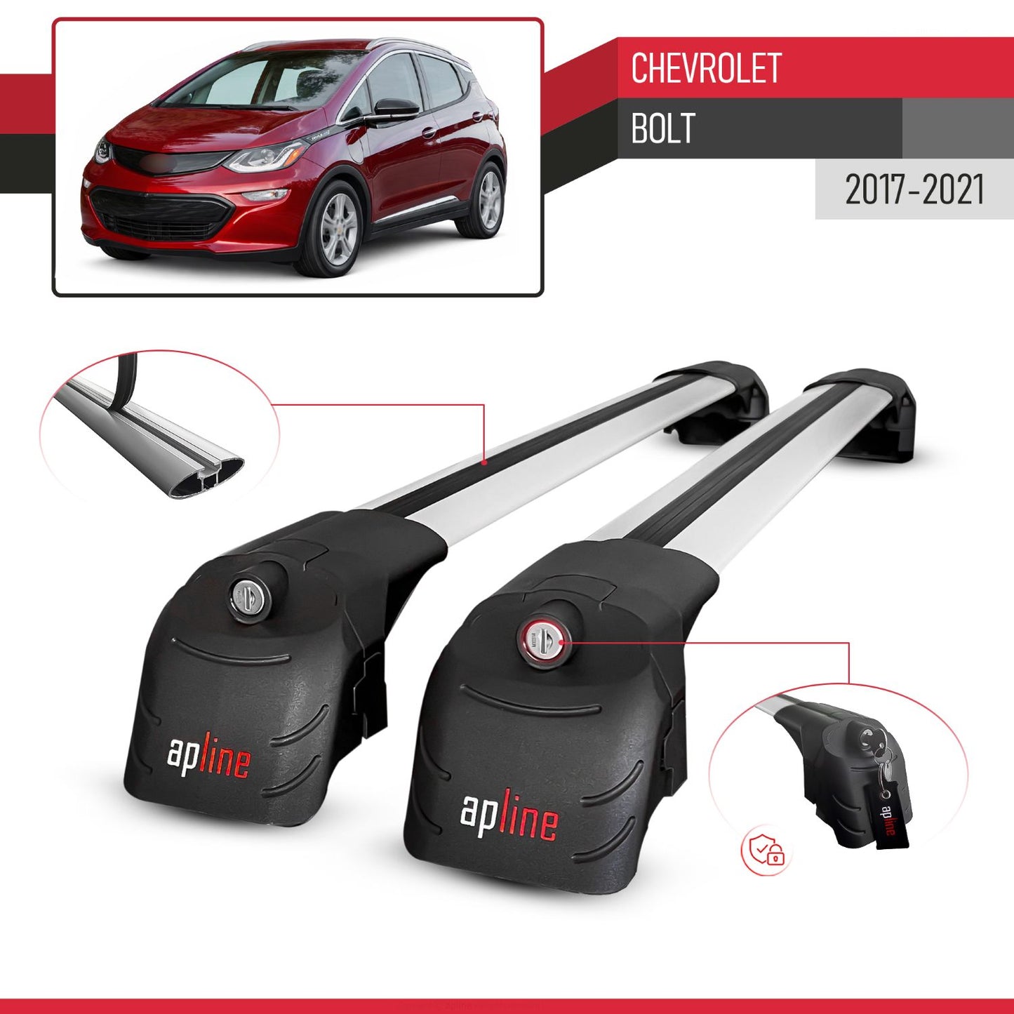 Compatible with Chevrolet Bolt 2017-2021 ACE-2 Car Roof Rack Cross Bar Grey Aluminium 2 Bars