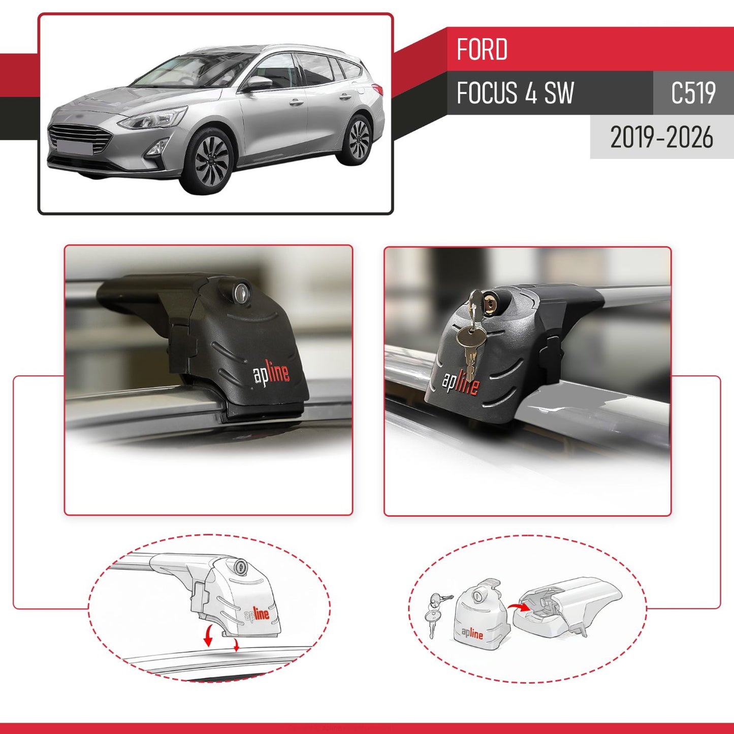 ACE-2 Dakdrager bagagedrager compatibel met Ford Focus 4 (C519) SW 2019-2025 Spoorstaven Grijs Aluminium 2 Staven