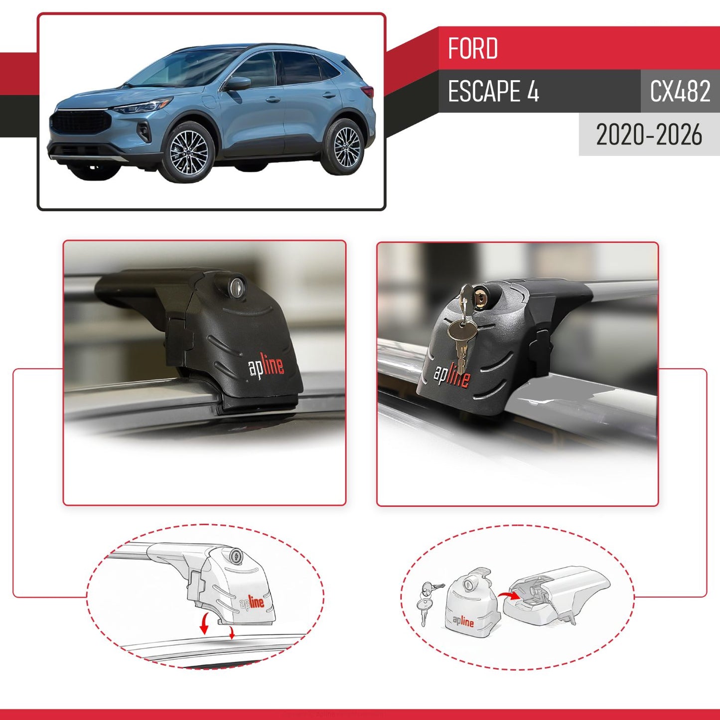 ACE-2 Dakdrager bagagedrager compatibel met Ford Escape 4 (CX482) 2020-2025 Spoorstaven Grijs Aluminium 2 Staven